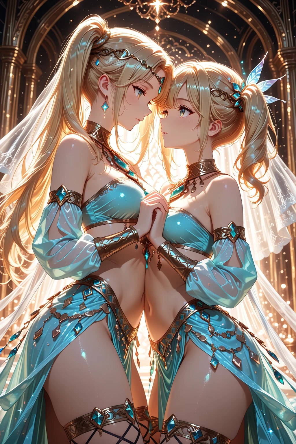 (((depict cute girl))), dance, brown hair, long hair, straigh hair, green eyes, sunshine, ((topless)) nice hips, (((light blue transparent veil pajama pants))), ((pretty white panties stick out)), (Masterpiece, Excellent, complex details), delicate girl, delicate face, sumptuous palace, large windows, gold and precious stone jewelry