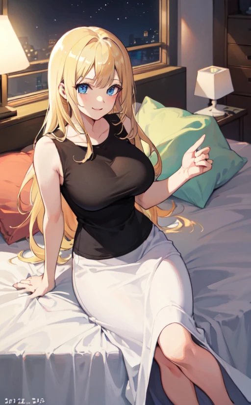 arafed woman fully , sexy girl with blue eyes, 33 years old, ultra realistic, meticulously detailed, portrait sophie mudd, blonde hair and large eyes, bedroom eyes, violet myers, without makeup, makeup, subtle makeup, stunning full body shot kneeling on bed, in bedroom, large size bust, 縦リブ生地のセータードレス、大きな胸の谷間