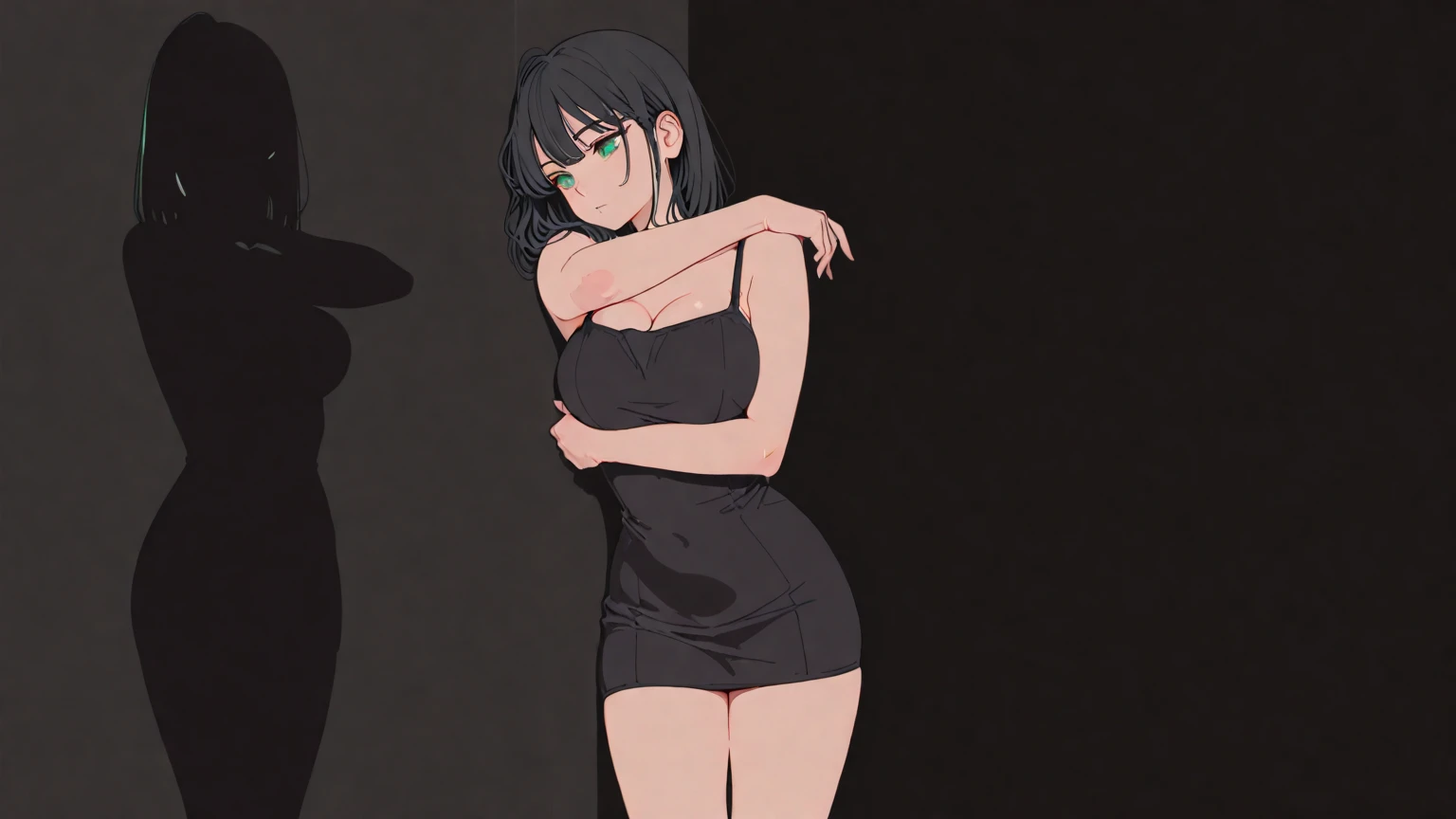 (Obra maestra, La mejor calidad, ultrahigh resolution), 1girl, standing, competitive navy blue one-piece swimsuit, (((black hair, dark black hair))), long hair cut, pale skin, ((blue eyes)), glowing_eyes, neon eyes, (ultra detailed eyes:0.7, beautiful and detailed face, detailed eyes:0.9), ((centered)), (smile), ((wide shot)), facing viewer, eye level, ((indoor pool background)), (medium_breasts), looking at viewer, ((half closed eyes)), ((perfect hands)), (((head:1, arms, hips, elbows, in view))), ((hands behind back)), empty eyes, beautiful lighting, background, defined subject, 25 years old, (head tilt)