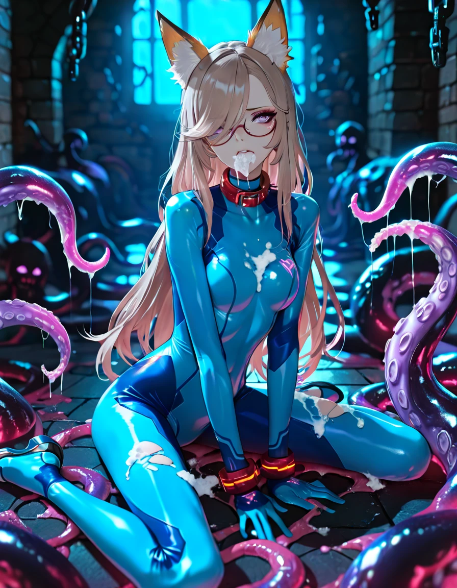 Only one girl, large amount of mucus, countless vulgar tentacles, hands and feet being forcibly restrained, girl hanging in the air, being raped by tentacles, mother's milk being vulgarly milked, tentacles violently raping female genitals, mother's milk overflowing from breasts, tentacles inside female genitals, vulgar insertion, ripped body. Girl in suit, climax, expression of climax, giving birth to tentacle, tentacle forcefully grabbing girl, she is being milked vilely, tentacle tightly grabbing tits. Female (blonde hair, twin-tail hair, bodysuit, voluptuous belly, pussy open, giving birth to tentacles, flesh-touching, looking up in shock from climax, big tits, breast to breast, heart-shaped eyes, body covered in semen, climax, climaxing face, ahem face, vulgar ahem face, rutting, rutting face, crying face, eyes half open). Stage (room full of tentacles, tentacle cave, dirty room).
