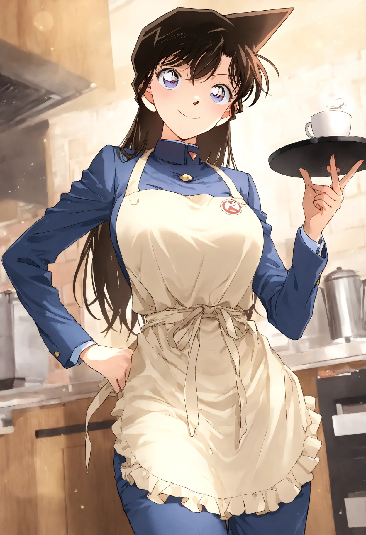 (Best Quality, Masterpiece), Front cover of a women's cooking magazine, 1girl, 30 years old, stunning, cute, heartwarming smile, hourglass figure, wearing floral dress, pinny apron, beautiful food, text, diagrams, advertisements, magazine title