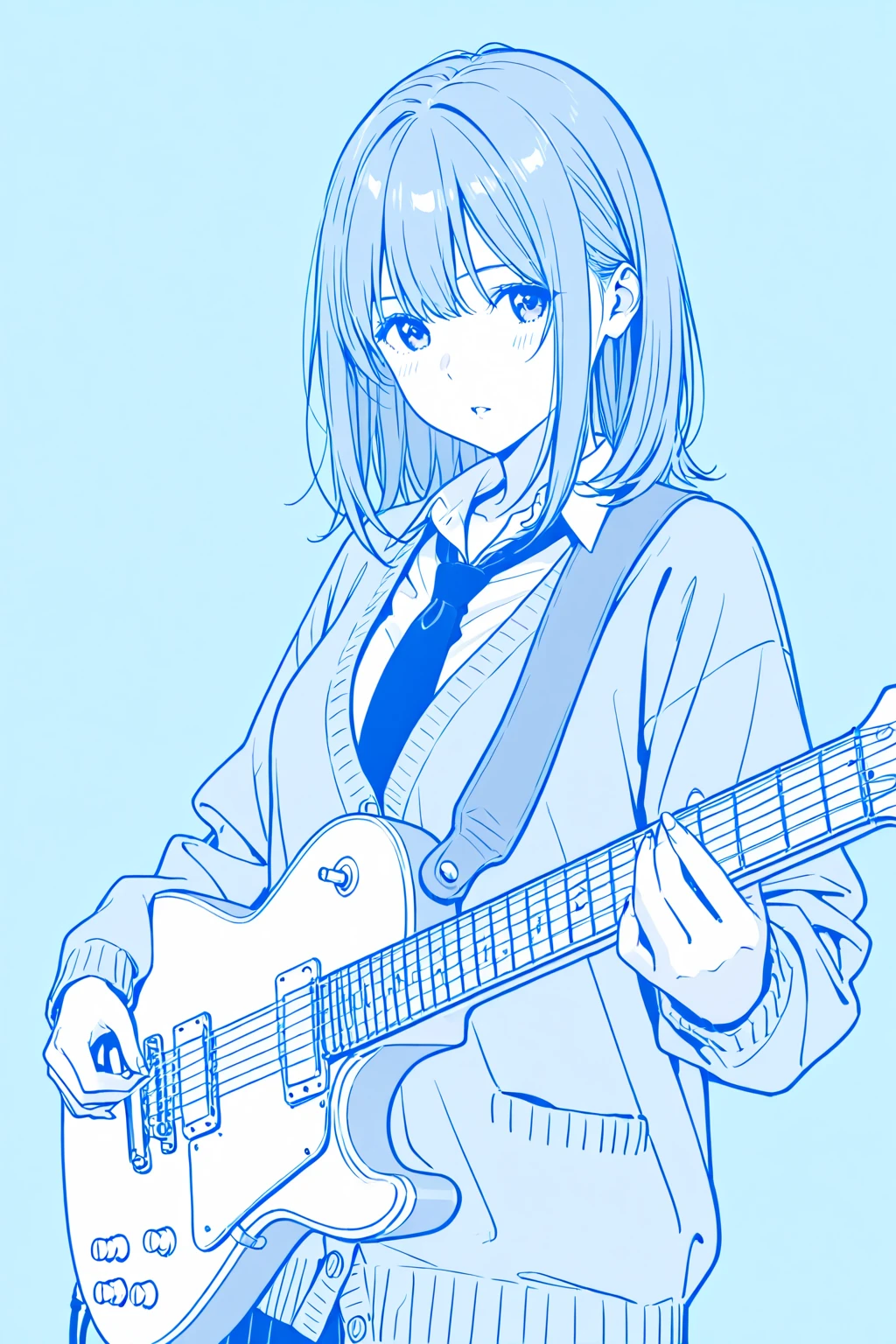 (masterpiece:1.2, Highest quality),(Line art),(Monochrome),(Very detailed),8K,magazine cover,1 female,Cute face,smile,close up,ash gray hair, very short hair, hair over eyes,   (pullover, shorts)((betterhand)),Random pose,Beautiful female hands,((lineart, monochrome)),BREAK,(((playing the guiter))),