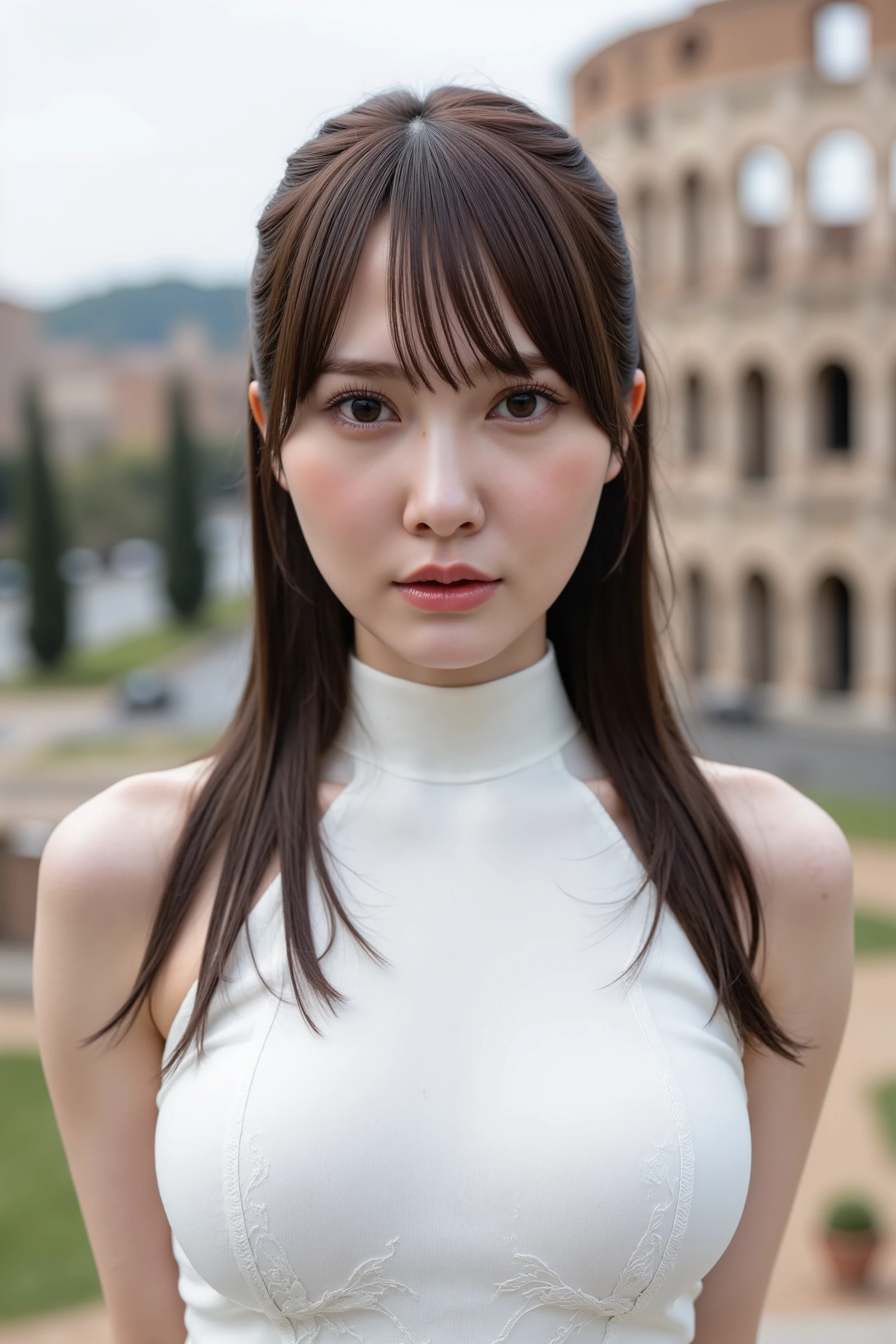 This photo captures a beautiful Japanese woman. 
She's a princess. transparent. pure.
She's wearing halter-neck white dress, 
She's standing with the medieval Colosseum in the background.
The image is very high resolution, with clear skin texture.
The focus is very sharp and focused on her face.
This is an ultra-high resolution image.
Her facial expression is sexy. 
She has shiny black hair.
Her skin is beautiful, fair, fine-grained, and even.
Her breasts are large and firm.
Natural makeup that looks like no makeup.
realistic skin, hyper realistic, from front, cowboy shot,
