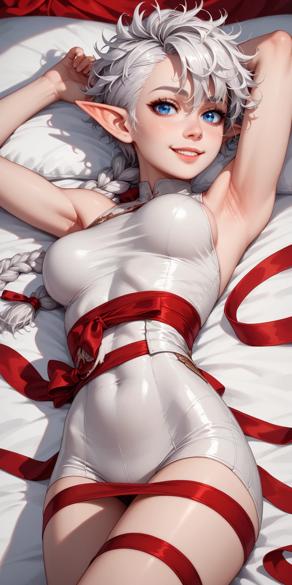 score_9, score_8_up, score_7_up, score_6_up, source_anime, nude, hip focus, sexy, wide hips, thicc figure, completely naked, abs, muscular, integra, integra hellsing, Detailed face, Detailed eyes, perfect face, perfect eyes, seras, chinese dress, wearing chinese dress, sexy, presenting, thicc thighs, tiny waist, abs, exposed thighs, arms behind back, laying down on bed, small waist, tiny waist, extremely tiny waist, blue eyes