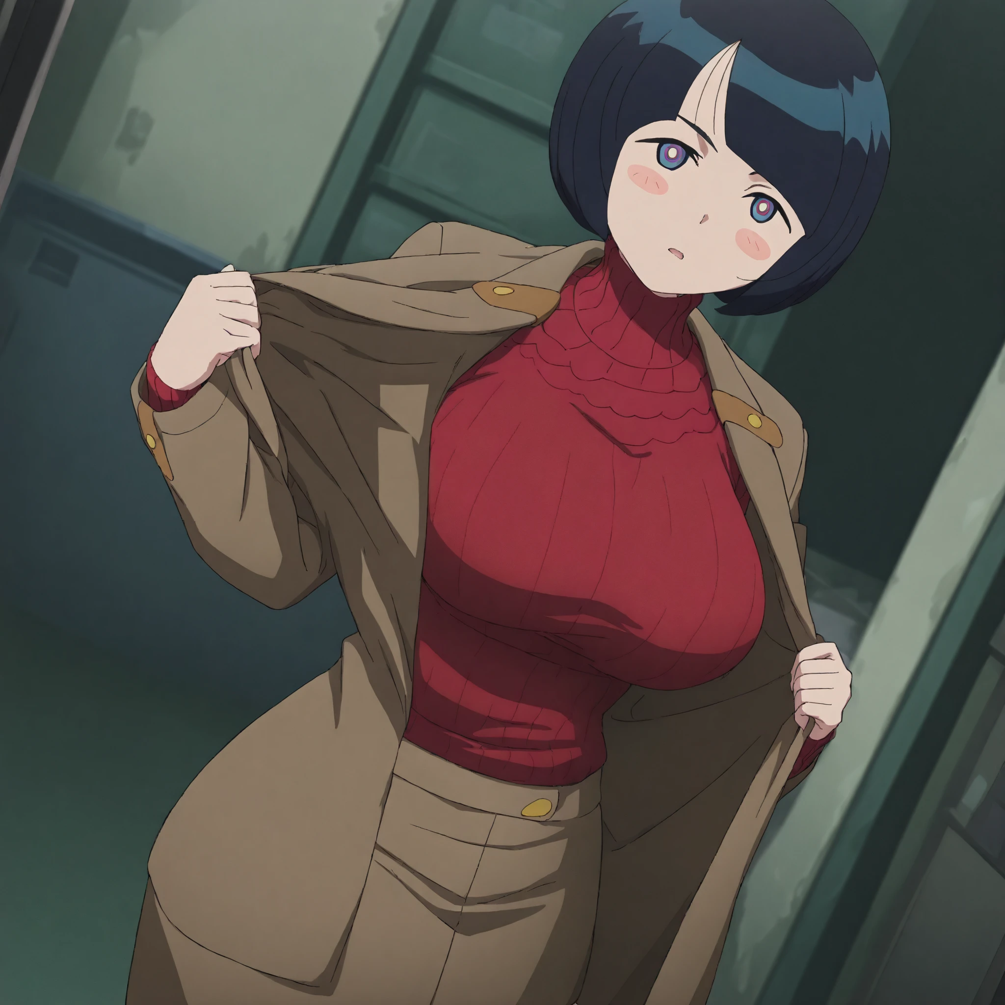 highres, ultra-detailed,very aesthetic,best quality 5 fingers,BREAK
  anime coloring    
   wide , thick thighs,   ,  

1girl, , ,shiikosugai, short hair, multicolored eyes, blue eyes, black hair, bob cut, bangs, blush stickers,  turtleneck sweater, , brown coat, brown jacket
__angle__
 