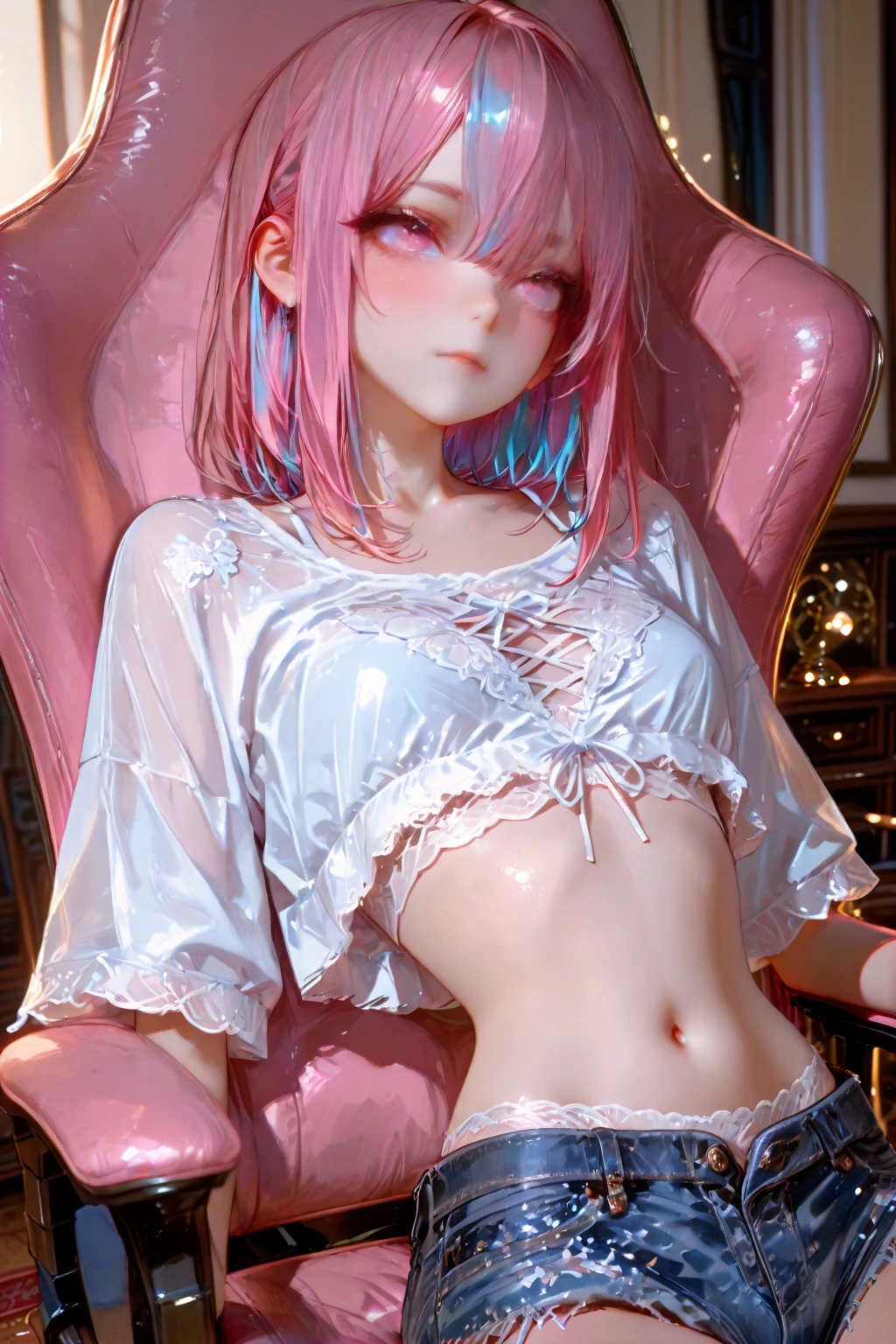((, cute girl, small head, multicolored bright hair)), daylight, sunshine, ( little belly: 1.1), (perfect body: 1.1) , (short hair: 1.5), bob haircut, glasses, collar, chain, full body shot, crowded streets, , , pink , sweating, sweat, wet body (very detailed CG 8k wallpaper), (extremely delicate and beautiful), (masterpiece), (Best Quality: 1.0), (Ultra High Resolution: 1.0), Beautiful Lighting, Perfect Lightning, Realistic Shadows, [High Resolution], Detailed Skin, Super Delicate body, photoshoot pose,  pose