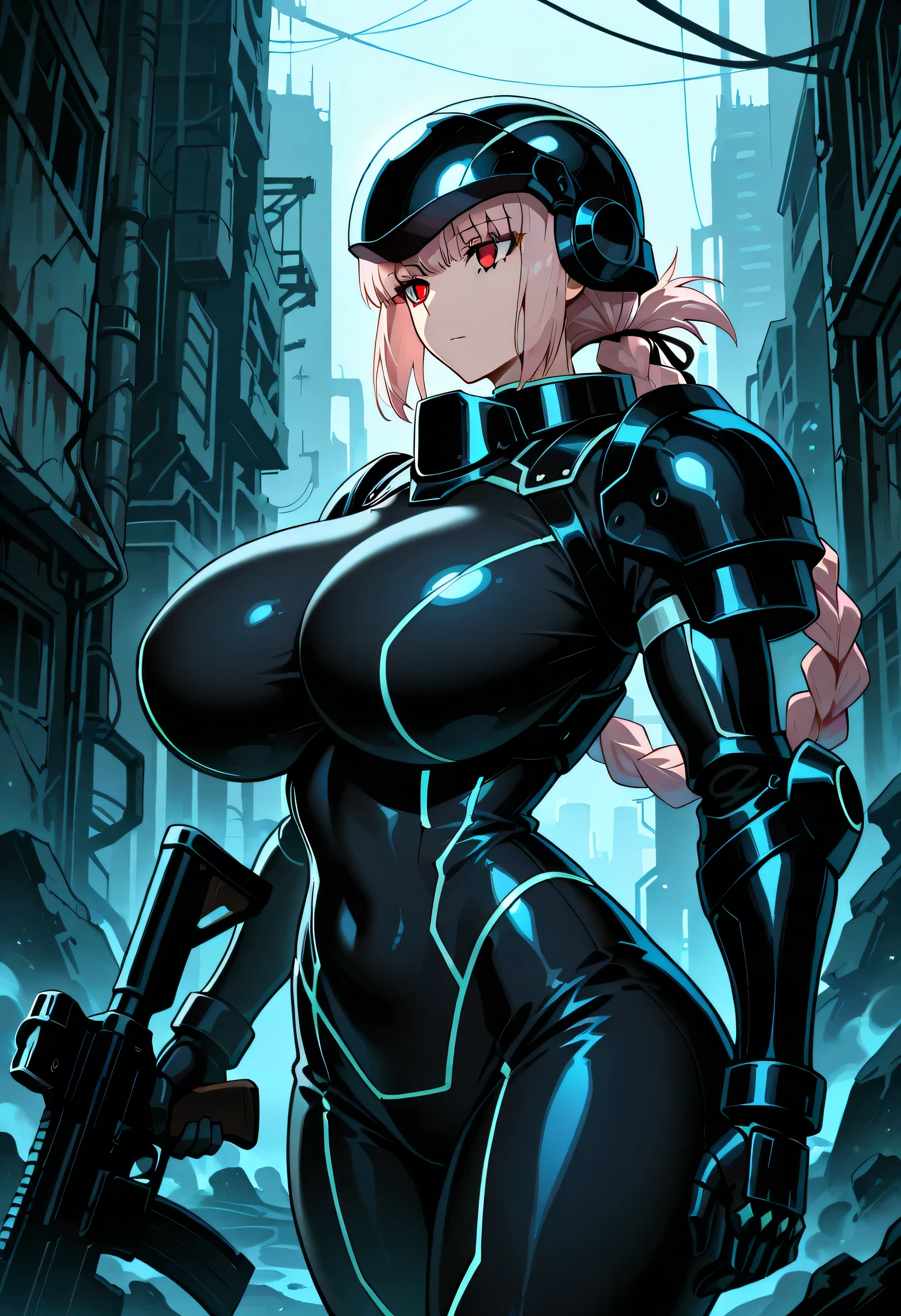 masterpiece, anime girl, 2.5D, Highres, flowered panties, ultra-definition, perfectly anatomical, ultra details, correct anatomy, sharp focus, 4k, 8K, perfect details, 1girl, Alone, Florence Nightingale (Nightingale) - Fate Grand Order, beautiful girl face, Shiny leather, Red Eyes, detailed eyes, eyelashes, light pink hair, bangs , simple braid, long simple braid, thin waist, curvy, very big breasts, huge breasts, big breasts, huge breasts:2.7, thick breasts, beautiful breast shape, giant breasts, breasts larger than the head, thick hips, thick thighs, headgear, Black Armor, long sleeves, Shoulder armor, Gauntlets, hull, Sci-Fi armor, robotic armor, futuristic armor, Exo suit, Sci-Fi armor details, holding a gun, assault rifle on the left hand, right hand on hull, emotionless face, outdoor, in an abandoned city, apocalyptic atmosphere, gloomy atmosphere, dark atmosphere, dynamic posture, purple neon eyes, vista lateral, Close-up, upper body, cowboy gun