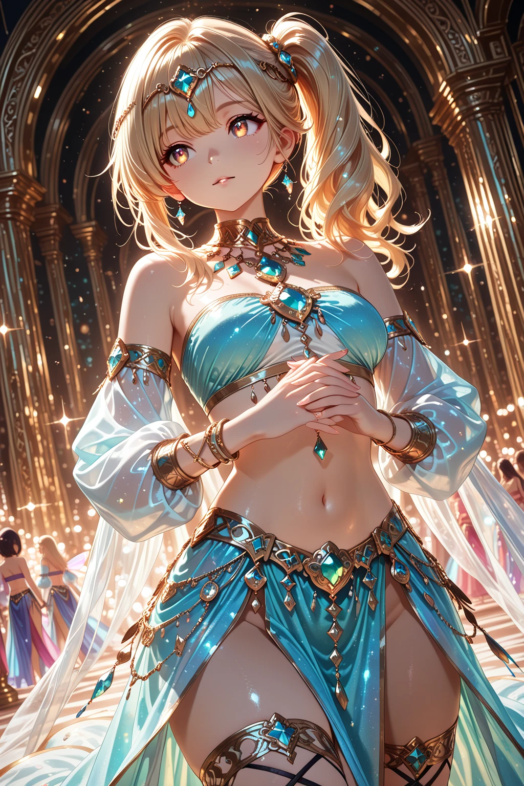 hitenkei style, claude monet, oil painting, colorful eyes, soft style, masterpiece, solo, 1 girl, topless, large nipples, nipples, white sarong, harem outfit, semi transparent skirt, beautiful art, vibrant, flat chests, desert, tent, platinum blonde hair, dancing, different poses, narrow waist, slender legs, hairband, jewely, necklace, bracelet, white mouth veil, veil, headdress, navel, thigh strap, abstract, night, moonlight, light hair, waist pouch, blue eyes, high angle shot, top view, black eyeliner, sparkling, winking, side view, arched back, flexible body, serene face, soft eyes, relaxed, calm, smiling, bonfire, enchanted, thin, ribcage, gold jewelry, morocco, date palm trees, carpet, people on cheering background, hoop bracelets