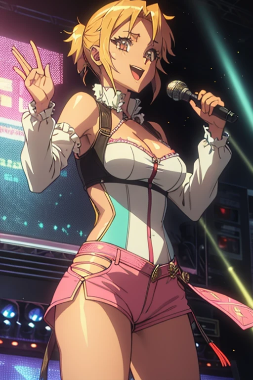 <lora:mazaki_anzu_v1:0.7>bbmazaki, ponytail, hair scrunchie, necklace, yellow bikini, sleeveless, bracelet, belt, miniskirt, pink skirt, black thighhighs mini skirt, navel,large breasts,armpit, <lyco:GoodHands-beta2:1.0>,1girl,solo,looking at viewer,smile,stage, stage lights, night,screen,underboob, :d, star \(sky\), dark skin, dancing,
anime screencap,
<lora:add_detail:0.5>