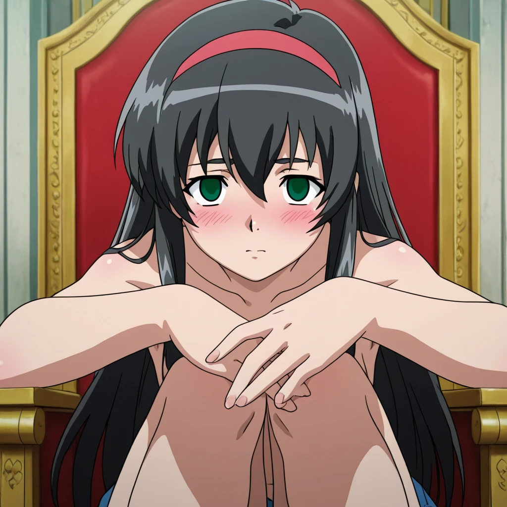 1 boy and 1girl are having sex, masterpiece, best quality, 1 boy, lying on her stomach, 1 boy and 1girl are having sex, medium breasts, sexual climax, yor briar, black hair, (red eyes:1.5), earrings, white hairband, hairband, long hair, sidelocks, topless, nsfw, naked, nipples, close up breasts, steam, (cum to breasts:1.3)