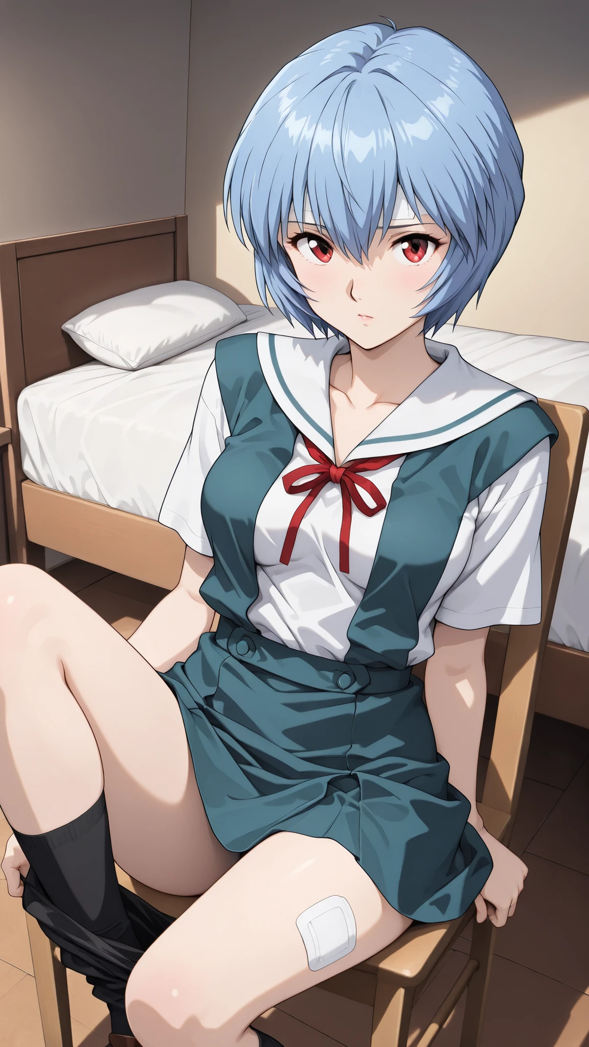  cinematic, (masterpiece), (Highest Quality), (Super Detailed), very aesthetic, illustration, realistic illustration, Perfect configuration, complicated details, ultra high definition, detailed face, (anime, masterpiece, complicated:1.3), (Highest Quality, high resolution texture, very detailed:1.2), (4K),(unbelievably detailed:1.4),DETAIL EYES,   Real Shadow,  1girl,Ayanami Rei from below, (school uniform,bandage,)
bright room、sit on a chair、cross your legsいる、,moonlight,1980’s anime style, ,effect ,(show The Dark Knight:1.3)、sit on a chair、cross your legs、open 、cowgirl position, open legs, on bed、undressing、A woman is grabbed by the chest from behind by a man、lift up skirt、(undressing:1.5)