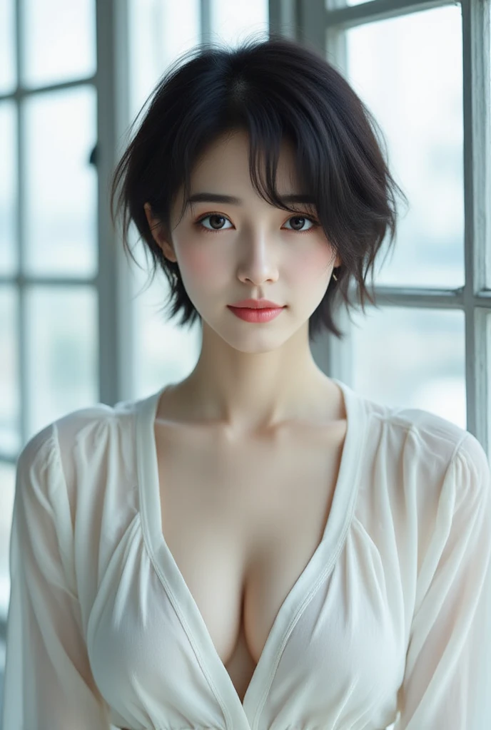 Random pose, Mix 4, (8k, original photo, best quality, masterpiece: 1.45), (actual, lifelike: 1.37), One girl, Lovely, city View, night, rain, wet, professional lighting, photon mapping, Radiosity, Physically based rendering, gradient black hair, short curly hair, Handsome, girl, high quality photos, high resolution, 1080P, (clear face), (detailed facial description), (Detailed description of the hand), (masterpiece), (Exquisite CG), Extreme light and shadow, messy hair, masterpiece, Rich in details, (Exquisite facial features), (best quality photos), (masterpiece), (beautiful eyes), look in front of you, Thin clavicle,bra strap, ((mid-shot, waist to top))