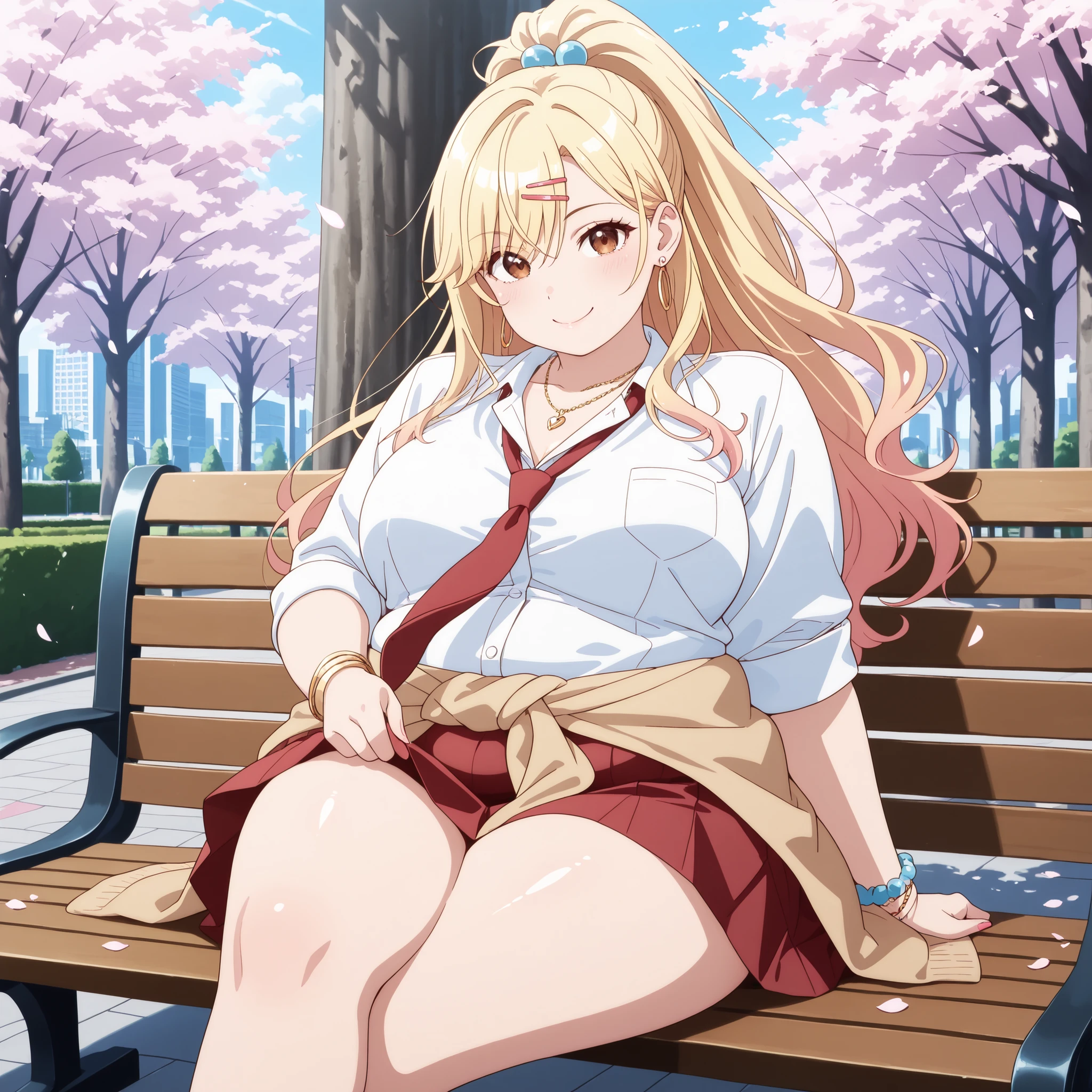 high resolution picture, masterpiece, best quality, amazing quality, official art, 1girl, masterpiece,best quality,absurdres, amazing quality, shiny skin, source anime, anime coloring,
tokyo \(city\), park, falling petals, cowboy shot, wind, wind lif, smile, skirt lift, sitting, on bench, park bench, looking at viewer, crossed legs,
himariishikura, 1girl, blonde hair, shirt, white shirt, jewelry, hair ornament, hairclip, necklace, school uniform, necktie, high ponytail, brown eyes, red necktie, gyaru, clothes around waist, bracelet, collared shirt, large breasts, skirt, kogal, sweater around waist, red skirt, very long hair, hair bobbles, flat colors, pastel colors, WeightChubby, plump, chubby, fat