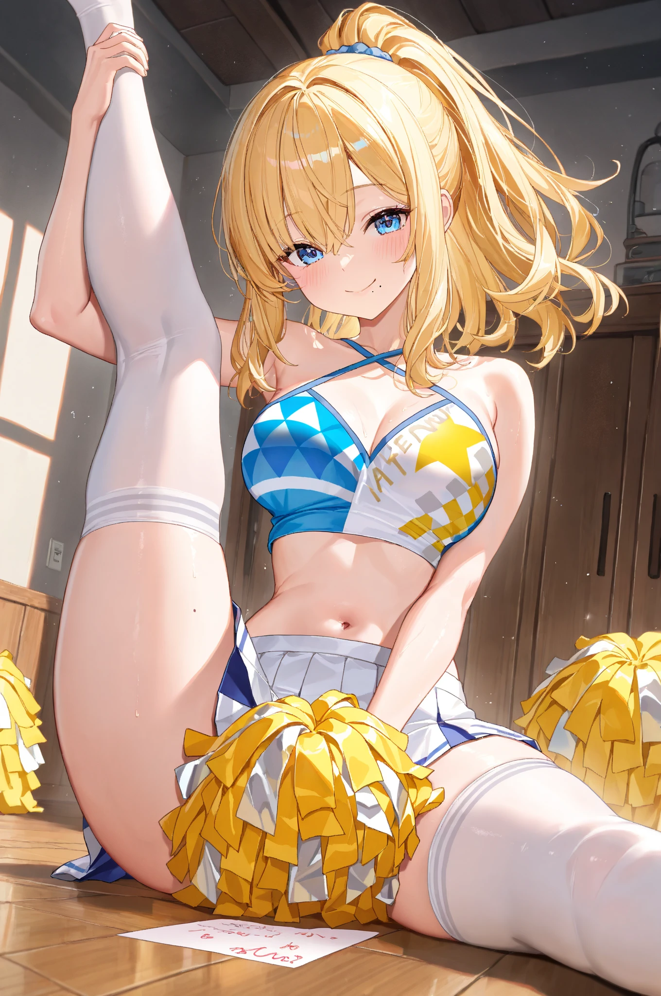 Pants that dig into your pussy、erectile nipple、Cheerleader drooling、Opening Mouth、put out the tongue、a blond、Longhaire、blue eyes、So that you can clearly see the shape of your genitals、So that you can clearly see the shape of the areola