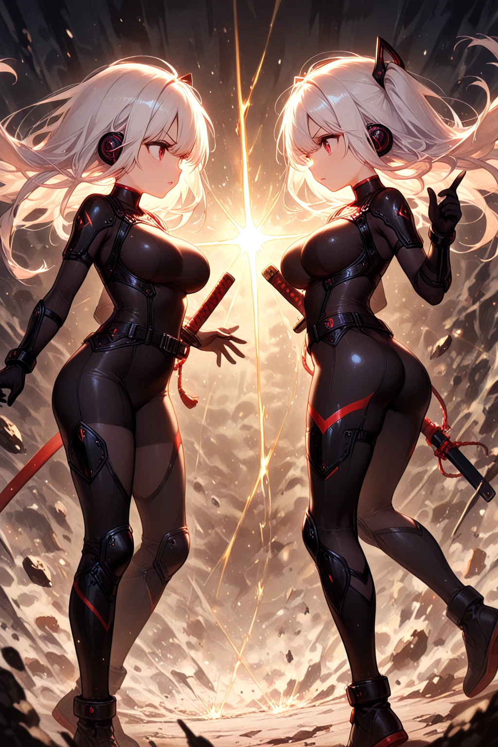realisticlying、女の子 1 人、a blond、bob cuts、Red ribbons、radiant eyes、Colossal tits、Leather suit, leather pant、Shooting from behind, Open your crotch wide, Hands on the buttocks