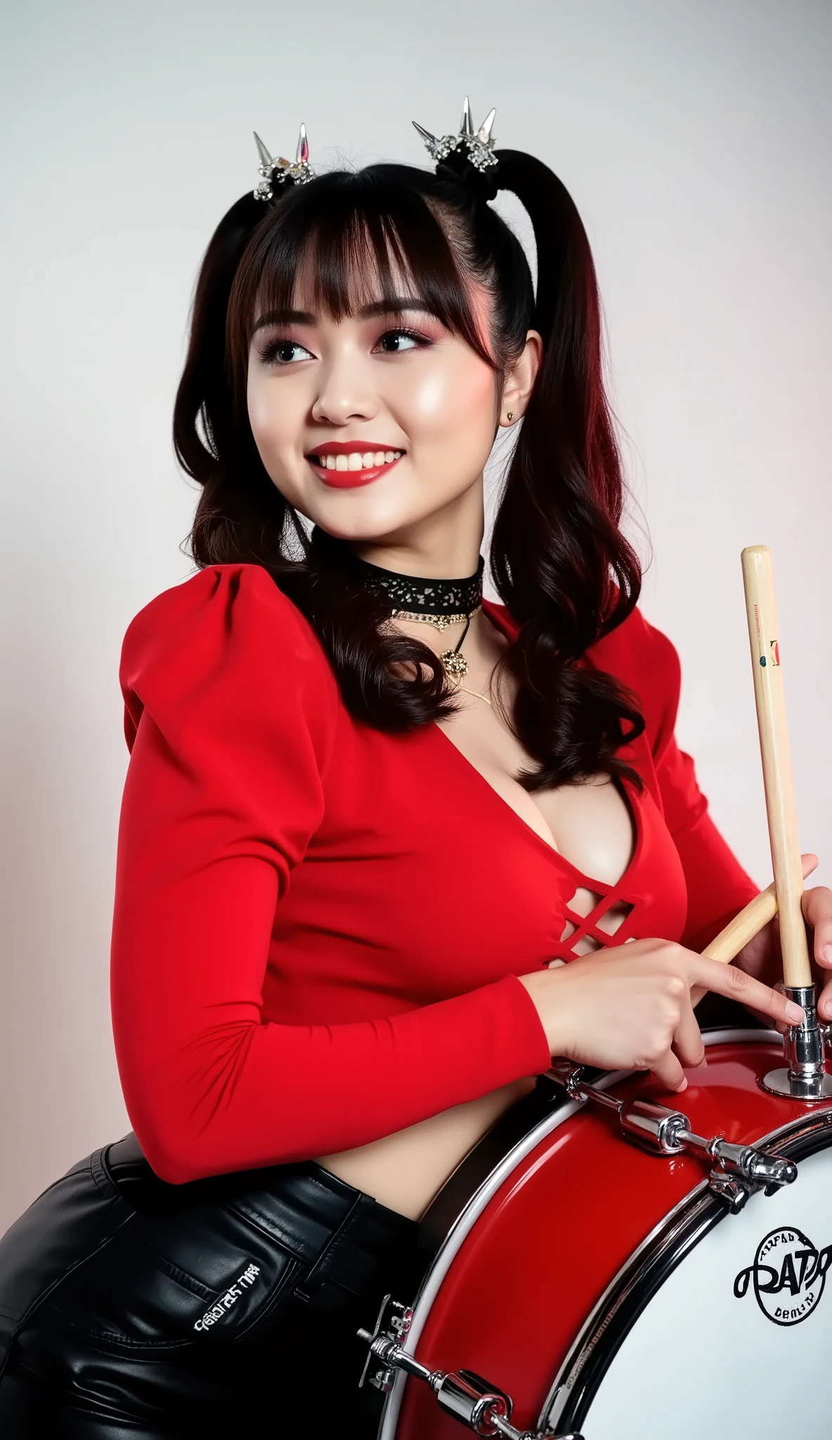 A striking close-up portrait of a confident woman from the waist up + ((( smile))) + (((hourglass figure, ))) + (((keep the exact face details, hair details and hair colour of the selected LoRA))), posed in a minimalist studio with soft white background. She has bold red lipstick, and dramatic eye makeup. Her expression is cool and sultry, gazing slightly off-camera with intense confidence.

She wears a tight, long-sleeve red top that hugs her figure — now styled with a deep V-neckline and subtle cut-outs on the sides, enhancing a sensual yet elegant look. The fabric appears smooth and slightly shiny, suggesting a high-quality stretch material. A delicate choker necklace rests at her throat, adding a vintage rockabilly touch, she also wears a fitted black leather miniskirt

In her left hand, she holds a red Gretsch snare drum upright against her body, its chrome hardware gleaming under studio lighting. Her right hand grips two white drumsticks, resting casually near her hip. The drum’s white head and red shell are clearly visible, with authentic Gretsch branding.

The composition is tightly framed from the waist up — no legs visible — focusing entirely on her upper body, facial expression, and interaction with the drum. Soft directional lighting highlights her features and the texture of the clothing and drum. Subtle shadows add depth without harshness.

The image has a Kodak Portra 400 film aesthetic: warm tones, slight grain, natural skin rendering, and rich color saturation. Framed with a classic Kodak film border (black edges with "KODAK PORTRA 400", frame numbers 44–45, and triangular markers).

Style: High-resolution fashion photography, cinematic lighting, ultra-detailed textures (fabric, metal, skin), sharp focus on facial details and accessories. Emphasis on elegance, retro-modern fusion, and sensual confidence. --ar 3:4 --v 6 --style raw --quality 2 --seed 12345