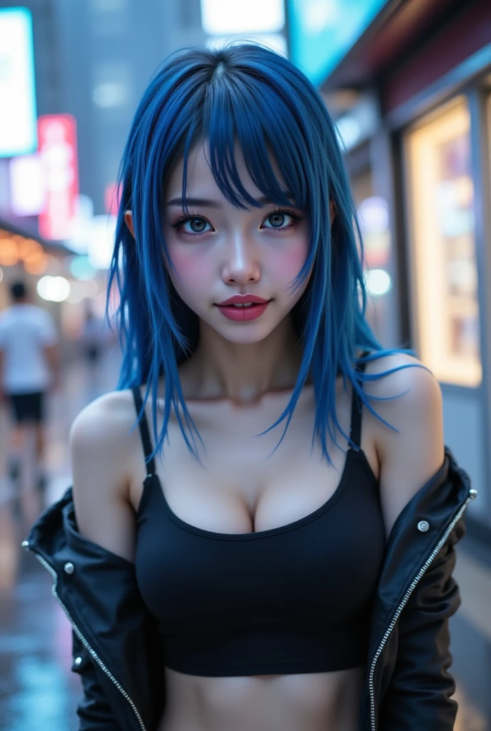 (masterpiece:1.2, best quality), (real picture, intricate details, accentuated super huge enormously gigantic breasts deep cleavage showing), solo, girl, Clothes: edgy, harajuku inspired avant-garde, experimental Appearance: shaved head or bold hair color, dramatic makeup, unconventional fashion choices Behavior: rebellious, non-conformist, provocative Location: luxurious bedroom, underground music scene Hobbies: attending punk shows, creating mixed media art, experimenting with different subcultures Values: individuality, authenticity, creative expression Inspirations: punk rock music, counterculture icons, avant-garde art movements Personality traits: bold, daring, unconventional. Neon blue short hair emo pin up girl, striking a sexy seductive slutty pose, fullshot, centered image, ultra detail, extremely face detail, extremely eye detail. Neon blue long hair, eye detail, very eye detail