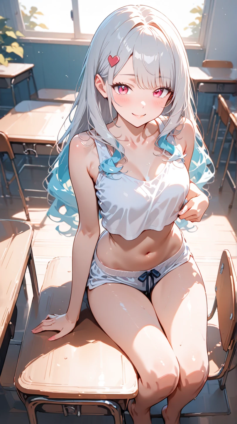 エロいBikini、Silver Hair、Pale blue eyes、Semi-long hair、学校のlocker room、locker room、Blushing、Embarrassed、Bikini、