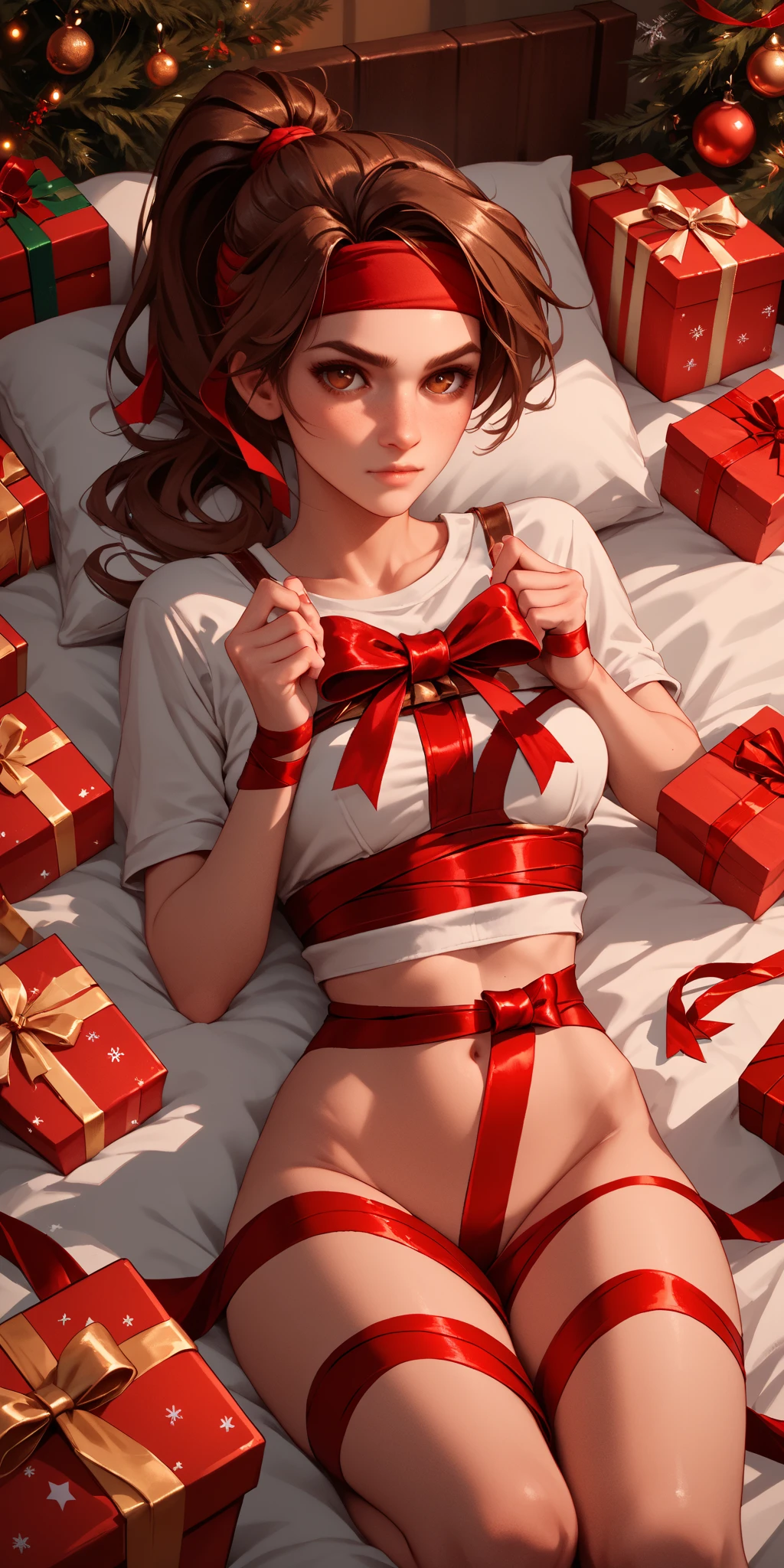 1girl, solo, holding chocolate box, naked ribbon, bikini, valentine, text, "HAPPY VALENTINE'S DAY", masterpiece, best quality