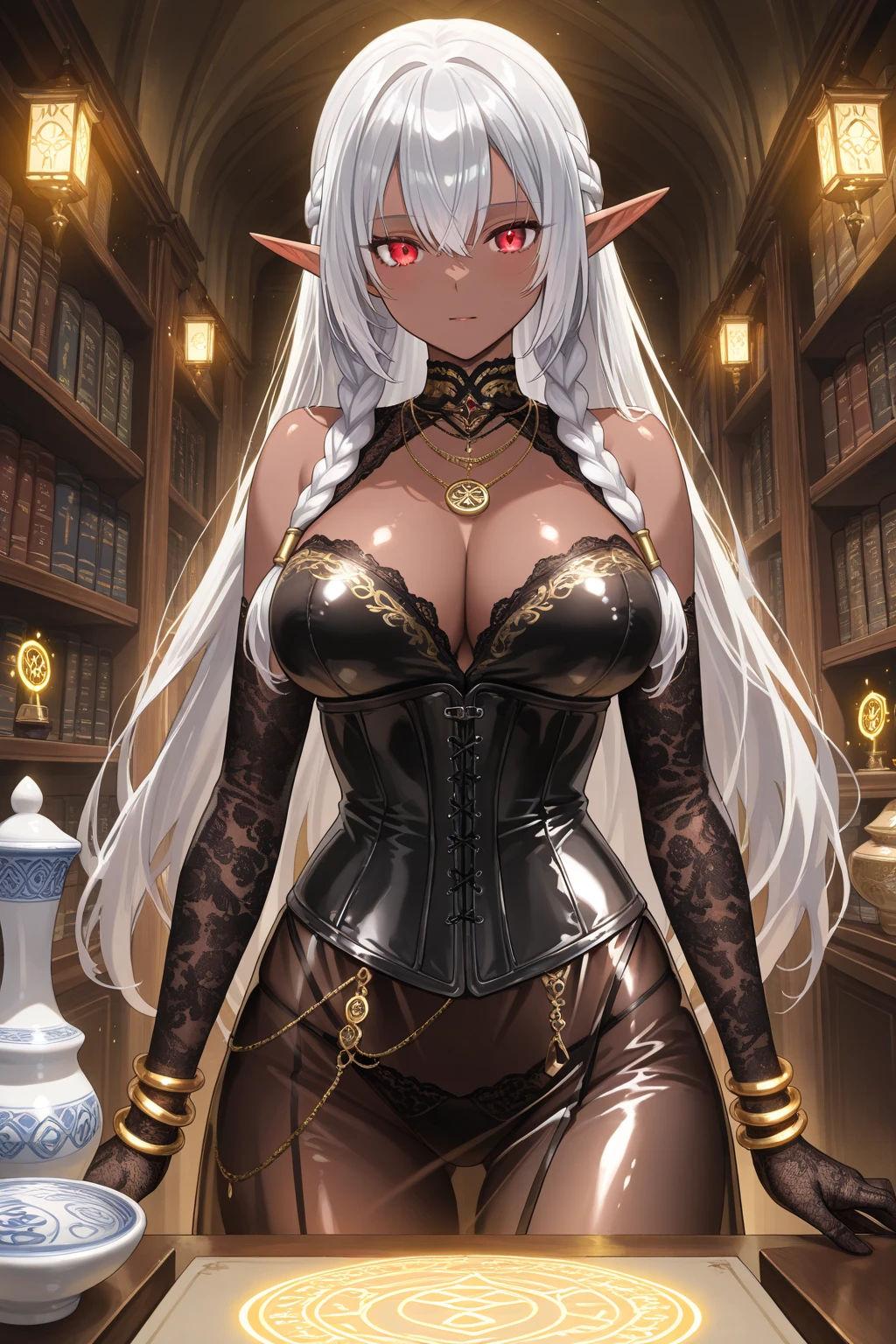 (masterpiece, best quality:1.4), highly detailed, intricate, professional artwork, outstanding digital art, 8K, Pirotess (holds a sword:1.05) in a fighting stance, mature female, curvy, blush, (flirting glance:1.1), (library background:1.1), (closeup, librarian shot:1.15) looking at viewer, (dark skinned female, dark skin:1.3), pointy ears, white hair, long hair, circlet, lipstick, makeup, black eyeshadow, jewelry, bracelet, ultra detail hair, ultra detail face, yellow eyes, perfect eyes, perfect face, body, white gloves, thigh boots, gigantic breasts,