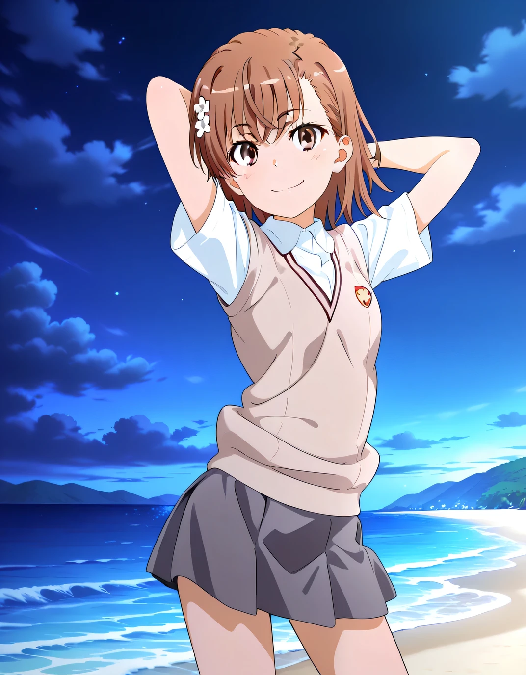misaka mikoto, anime screencap, short hair, brown hair, hair ornament, hairpin, flower hairpin, hair flower, brown eyes, tokiwadai school uniform, white shirt, brown sweater vest, short sleeves, v-neck, skirt, high quality, solo, cowboy shot, (contrapposto), arms behind head, closed mouth, night sky, beach, looking at viewer, smile, best quality