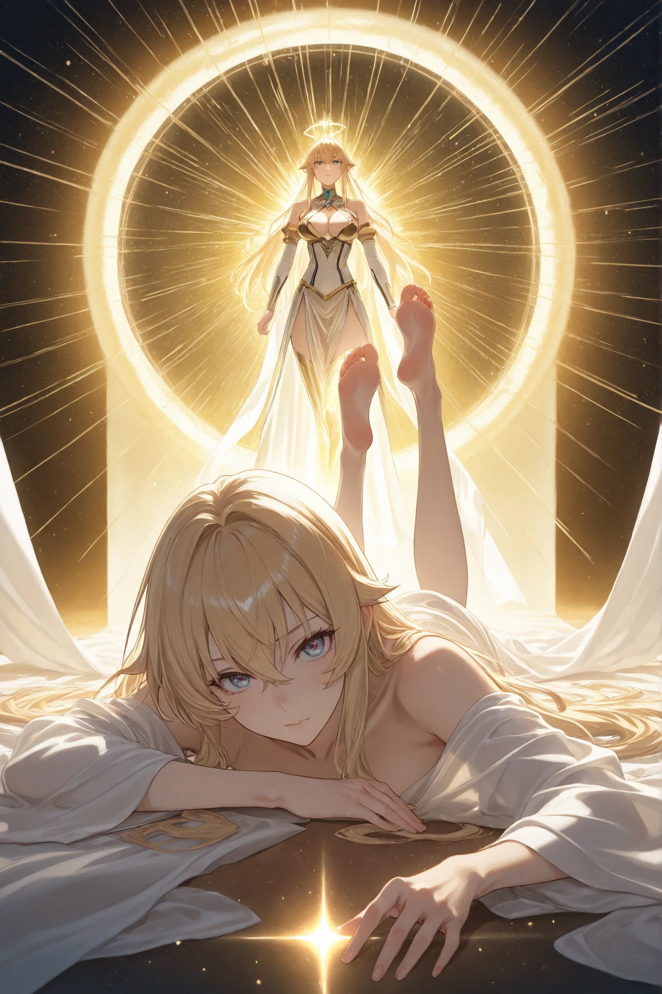 Highest Quality, masterpiece, ultra high definition,
god々しい女godの再誕, god聖な光に包まれた瞬間, fantasy art, 死せる女godの透き通る肌, 半透明のgod々New body, lying pose, Majestic Expression, お腹から新たな女godが誕生, Identical Faces, god々Shining brightly, Golden rays, Long Hair Dances in the Air, Ethereal Cloth, 浮遊するgod聖な文様, Celestial Background , god秘的な雲海, A space where particles of light drift,
Magnificent Scale, Dramatic Composition,
god聖な雰囲気, Stunning Light, god秘的な色彩,
Gold and Silver Gloss, Iridescent Color