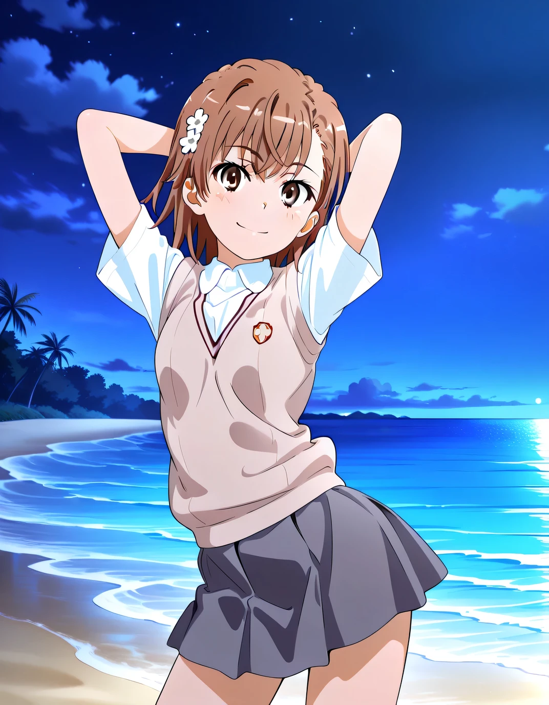 misaka mikoto, short hair, brown hair, hair ornament, hairpin, flower hairpin, hair flower, brown eyes, tokiwadai school uniform, white shirt, brown sweater vest, short sleeves, v-neck, skirt, high quality, solo, cowboy shot, (contrapposto), arms behind head, closed mouth, night sky, beach, looking at viewer, smile, best quality