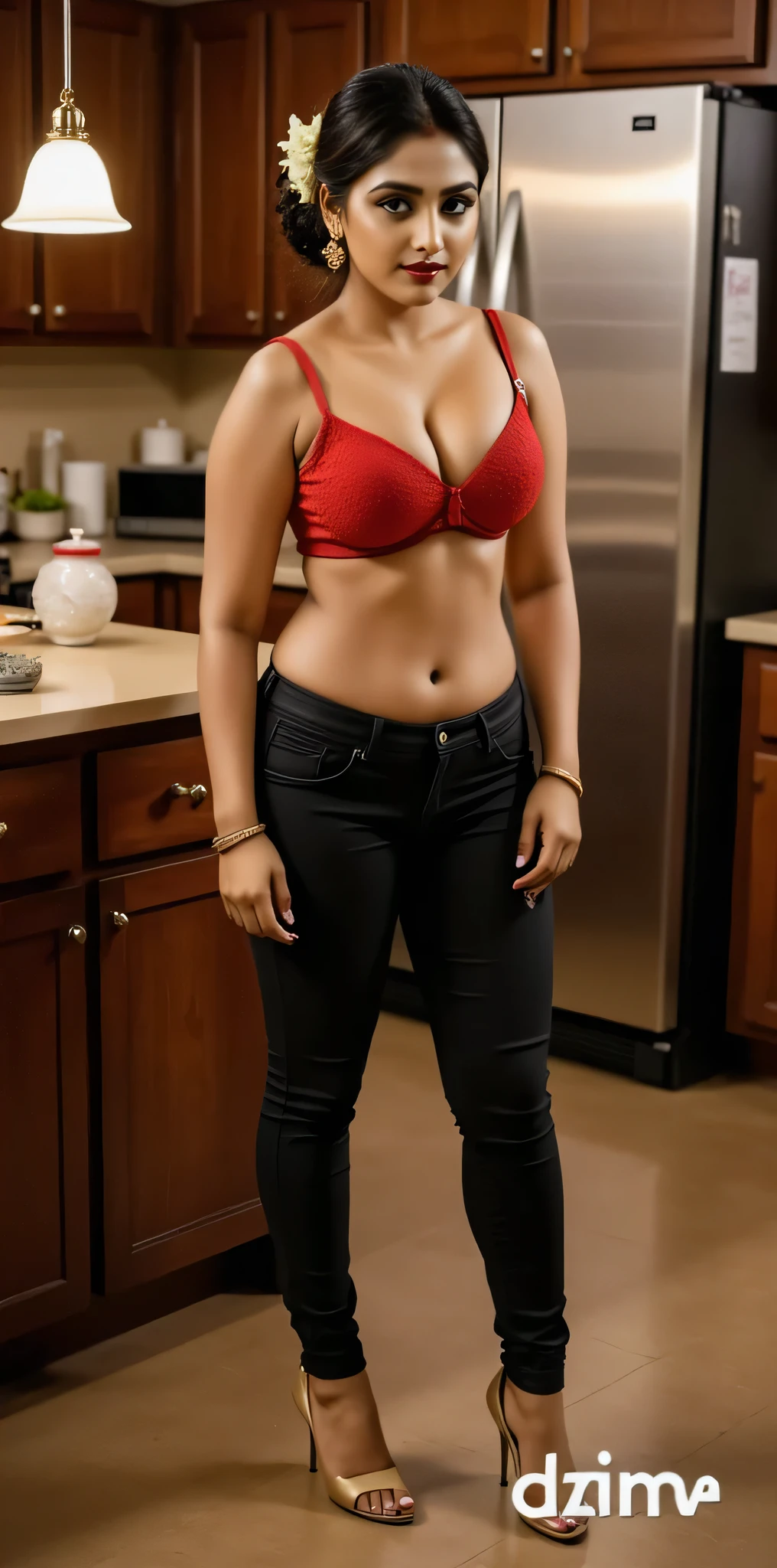 8k, high resolution, best quality, photo, ultra-realistic, masterpiece, a beautiful tall, fit, Indian woman, with short hair, small breasts, wearing a sexy short and a t-shirt, inside a kitchen,
