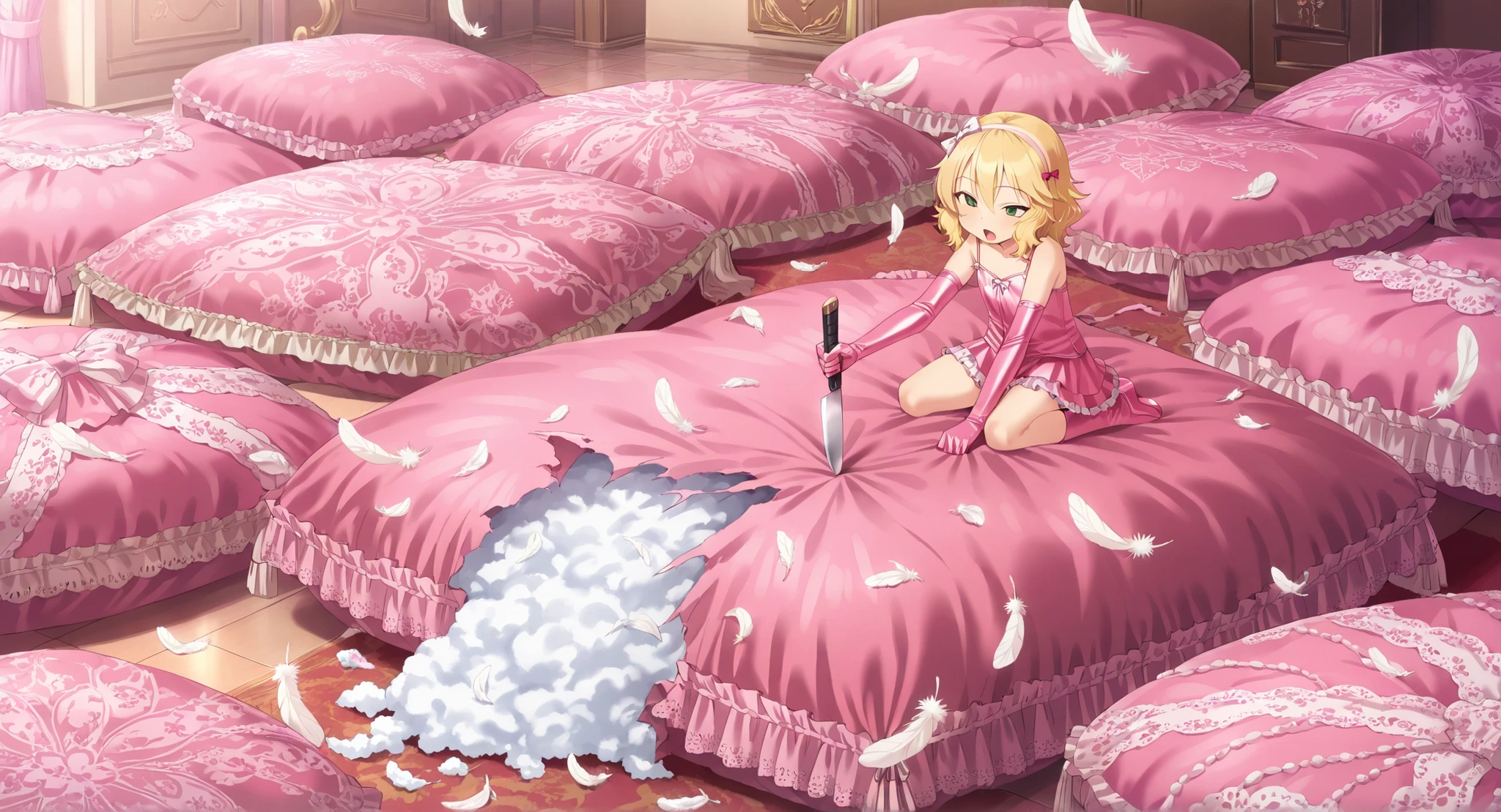 (score_9:0.9),score_8_up,score_7_up,negative_hand, realistic,satoukuuki,satou kuuki,warm color,sakurai momoka, short hair, blonde hair, wavy hair, hairband, hair bow, bangs, hair between eyes, green eyes, flat chest, camisole, over elbow glove, underwear, lingerie, panties, 1girl, solo, nsfw, full body, whole body view, open mouth, indoors, luxury room,pillow, frilled pillow,  (((pink satin pillow))),, lace pillow, euro patterned pillow,exquisite pattern pillow, luxury pattern, Pillow on the floor more pillows, many large pillows on everywhere, large pillow, giant pillow, oversize pillow, pile of pillows at the background, pile of pillows on the floor, many pillows on everywhere, hands sinking on the pillow, deflate, deflating pillow,  pillow on the floor, feathers, feathers everywhere, feathers stuffing pillow, abuse, abusing pillow, pummel, pummeling on the pillow, beating down the pillow, violating the pillow, pillow damage, ripping pillow, destroy pillow, damage mark on the pillow, (((kneeling))), normal eyes, scattered feathers, torn pillow releasing feathers, pillow stuffing, torn fabric of the pillow, feathers mess, pillow in laying position, far view, source_anime, official anime artwork, screencap, anime screencap, rough action,wide view, wide room, royal room, knife, stabbing pillow