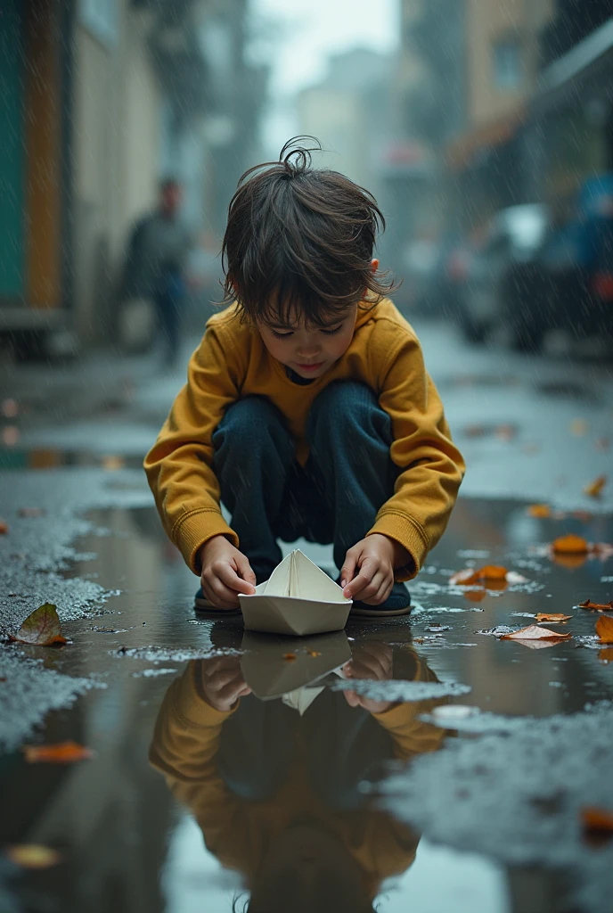 After a rainstorm，A young boy with messy hair playing with a paper boat by a puddle. The reflection of cloudy skies and scattered leaves adds a melancholy yet magical tone to the wet floor. scene depicts. digitally presents，emphasizes texture - moist surface, Fabric folding, face expression. low-angle soft lighting, High Details, Emotionally rich, fantastic storybook atmosphere.