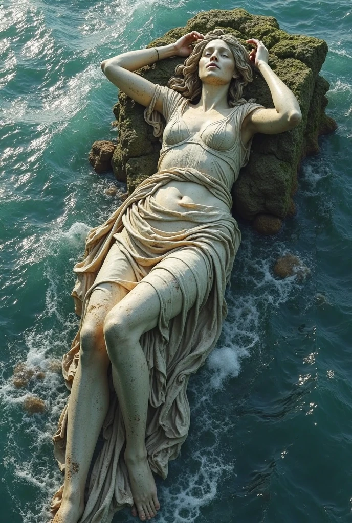 Masterpiece realistic photo as a mythological scene. On the left, Zephyr, the gentle spring wind, depicted with a pale blue coat fastened by a knot and surrounded by a cloud of flowers. Clear straight lines represent air escaping from his puffed cheeks. A woman wrapped in a green cloak with an airy nature stands nearby. In the center, Venus emerges from the waters, standing in the shell of a giant scallop (Saint-Jacques) resting on waves agitated by Zephyr's breath. Her posture is in "contrapposto," with her hips in a direction opposite to her shoulders, highlighting her slender and graceful figure. Myrtle flowers gently fall from the sky. On the right, a female figure, one of the Horae or the divinity of spring, daughter of Jupiter (Zeus) and Themis, attempts to cover Venus with a red veil adorned with floral motifs despite the wind, showing Venus' modesty. The entire scene exudes a sense of lightness: the characters float, fly, and seem to dance. The movement of flowers, hair, waves, and fabrics respond to the wind blown by Zephyr. The composition conveys a feeling of calm: Venus appears to awaken from a dream, her half-opened eyelids gazing softly, her nudity delicately concealed. The sea is peaceful with gentle ripples, no storm on the horizon, the wind is light.