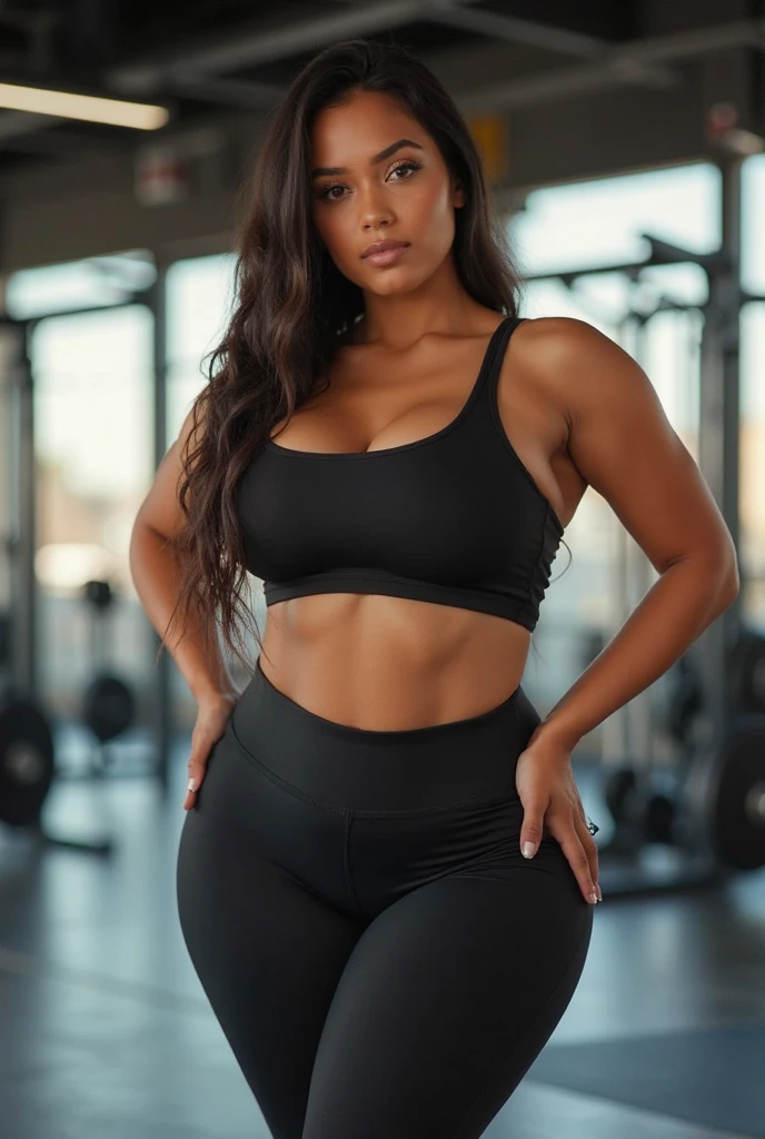 (lifelike, high - resolution:1.3), 1 girl with a perfect body, Super fine face and eyes,slong hair, Tank top of random colors:1.2, in tight leggings, big boob,Expose cleavage, taned, latina, at the gym, with perfect curves, nice butt