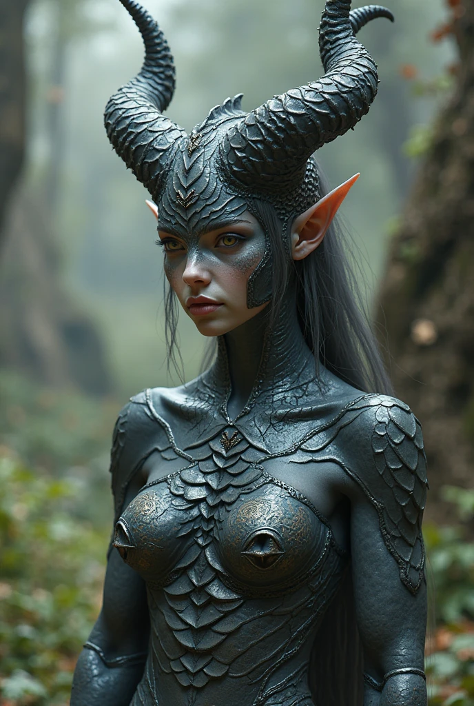 adult  woman, strong and anatomically perfect body, few desert tribal clothes, light gray skin, small white scales reptile arms legs and shoulders, bust on display, combined harmoniously with the body, 4 horned dragon style crown, all of them bowed behind their heads, two larger and thicker sets and two smaller and thinner sets, long white hair tied and braided with small ornaments, orange eyes, small elf ears, mega realistic, desert landscape, he would be, sitting stone