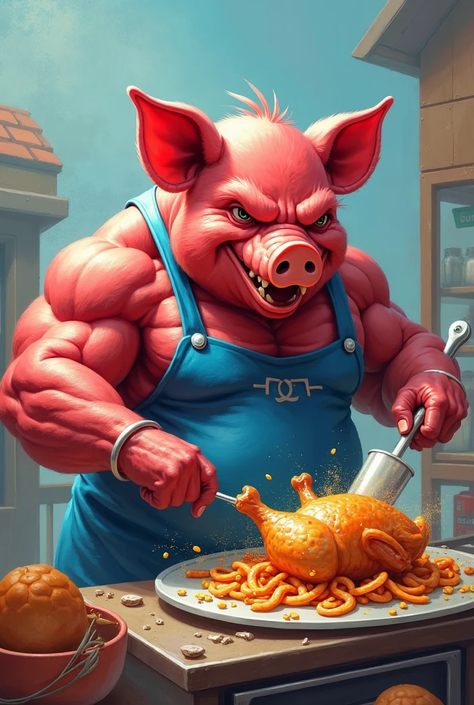 A muscular pig, puffy chest and shirtless, green tattoos, celebrating his birthday, black ship decoration black ship thick red Maltese cross, green birthday cake candle in the shape of a thick red cross, guest bird muscular rooster, puffy chest, holding gift, wearing birthday hat