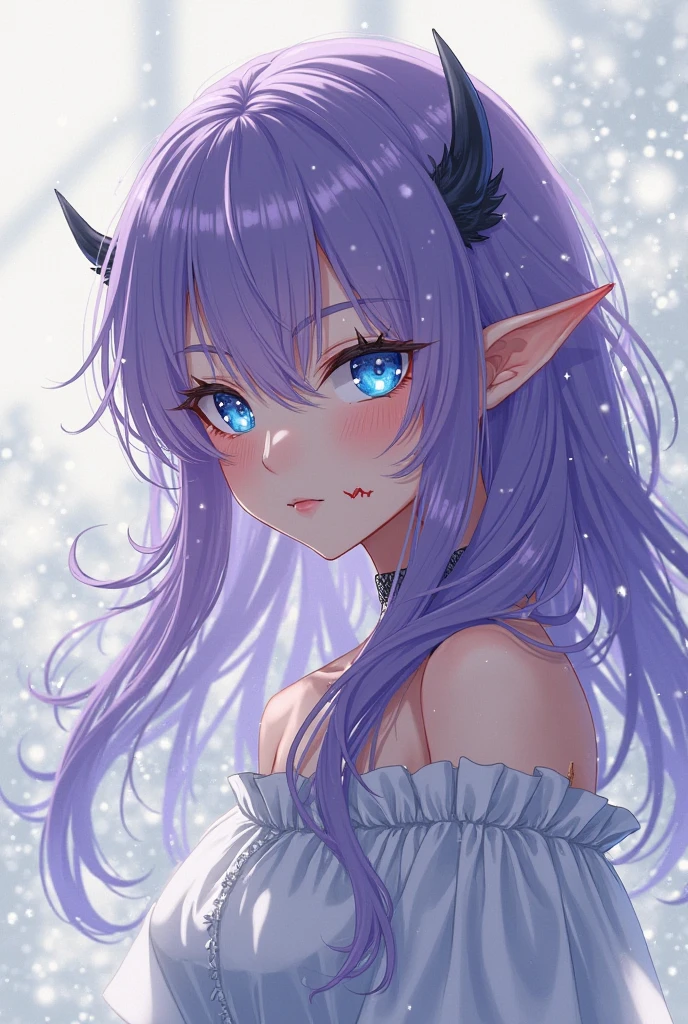 ((highest quality, best quality, masterpiece, ultra high definition, high dynamic range, ultra high resolution)), ((ultra-detailed illustrations:1.2)), 1 girl, solo, anime style, dynamic lighting, dynamic angle, looking at viewer, indoor, bedroom, on bed, (beautiful detailed face, beautiful detailed skin, shiny skin, pointed ears, mole under the eyes, mid-chest), (beautiful detailed hair, parted bangs, long hair, black hair, dark purple hair, multi colored hair), (beautiful detailed eyes, beautiful detailed pupils, violet eyes), (white dress, short sleeves)