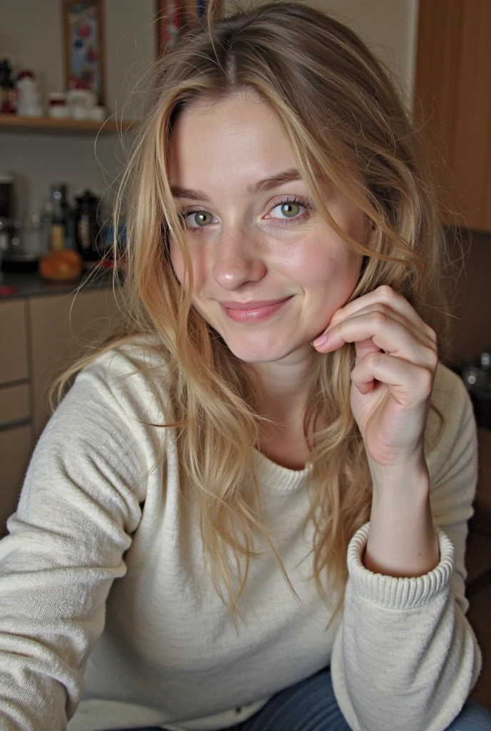 1girl, photorealistic, (((ugly face:1.5))), (((photorealistic))), (((raw photo in sequence))), (((natural lights))), (((detailed no blur background))), (((26 to 35 years old))), (((upper body selfie, happy))), (((detailed face))), photo_(medium), realistic, (((Caucasian woman))), (((long white blonde hair))), straight hair, (((Caucasian nose))), (((Caucasian green eyes))), (((Caucasian face))), (((Caucasian lips))), (((sexy body))), ((( wearing tank tops ))), different pose, posing, (((different pose))), ((( kitchen ))), hair is dragging by wind, candid shot, (((kitchen apron outfit)))