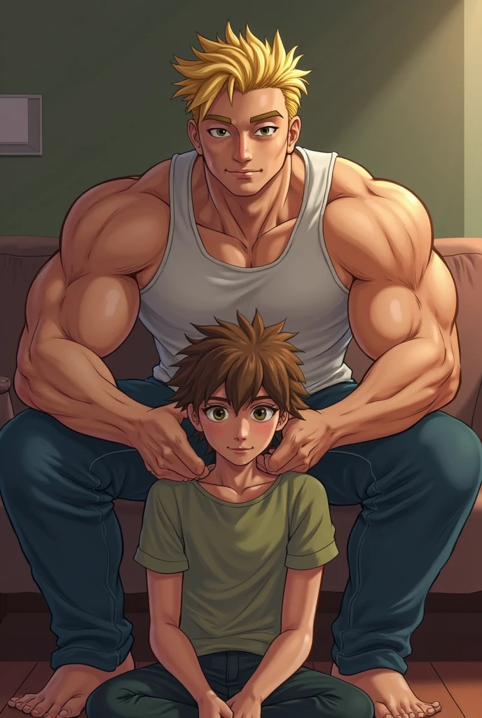 2 children,locker room,muscle size difference,male swimsuit,soft shading, mbbbbb