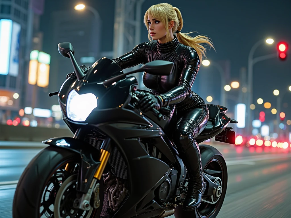 closeup LADY GAGA riding a motorcycle in a high-speed chase, cyber punk, colored lights on the motorcycle, blonde short bob, green eyes, long limbs, wearing tight red and black clothes, virtual motion blur effect, fast motorcycle driving down a city street at night, dramatic, dark and tense action scene, suspense, inspired by ALBUM BORN THIS WAY, photo-realistic, dramatic lighting, cinematic, Film grain, 4K resolution, Masterpiece, High resolution