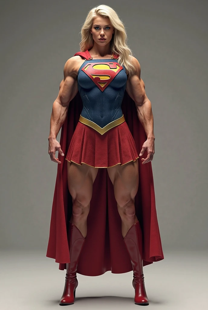 (ultra realistic,32k, masterpiece:1.2),(high detailed skin:1.1),( 8k uhd, dslr, high quality:1.1),muscular jacked Laura Marano, Laura Marano as mary marvel, brown hair, long hair, white cape, red dress, red skirt, short sleeves, bracer ,muscular body,bulging biceps, (???????????:0.9), (looking at viewer, standing, from below:1.1),,,(dense light rays:1.1),blank background
