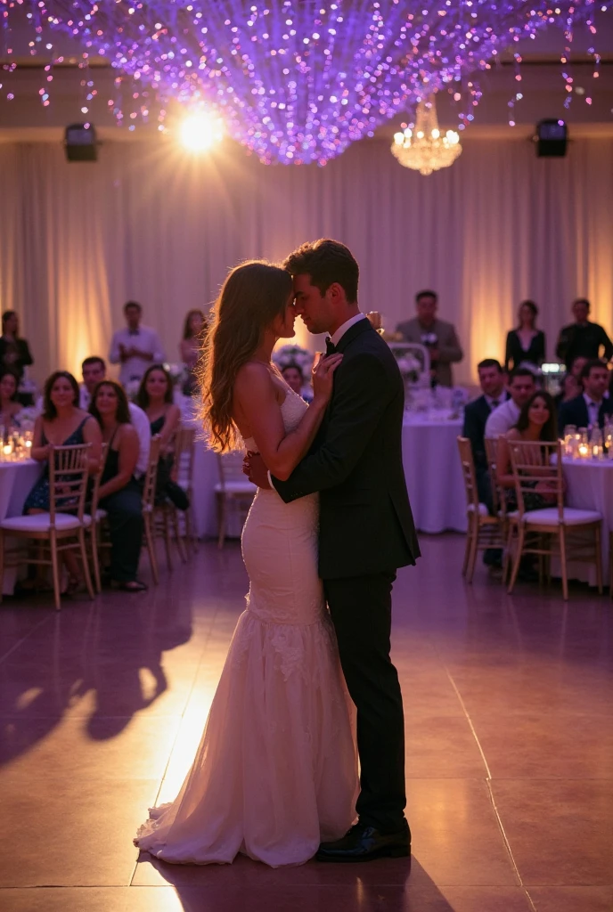 people waltzing in a Victorian-era ballroom. Chandeliers decorate the room. People wear prom clothes.