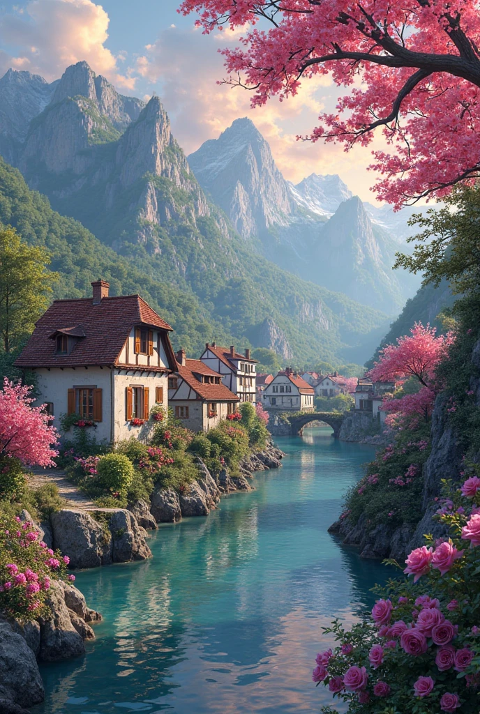 Small village by the river, mountains in the background, colorful pink flowers, detailed landscape, beautiful scenery, atmospheric lighting, scorching sunset, warm colors, practical, photography, detailed foliage, intricate buildings, cobblestone street, charming country house, swirling bright colors, dense vegetation, water reflections, picturesque, perfect, artwork, best quality, 8k, highly detailed, anime style