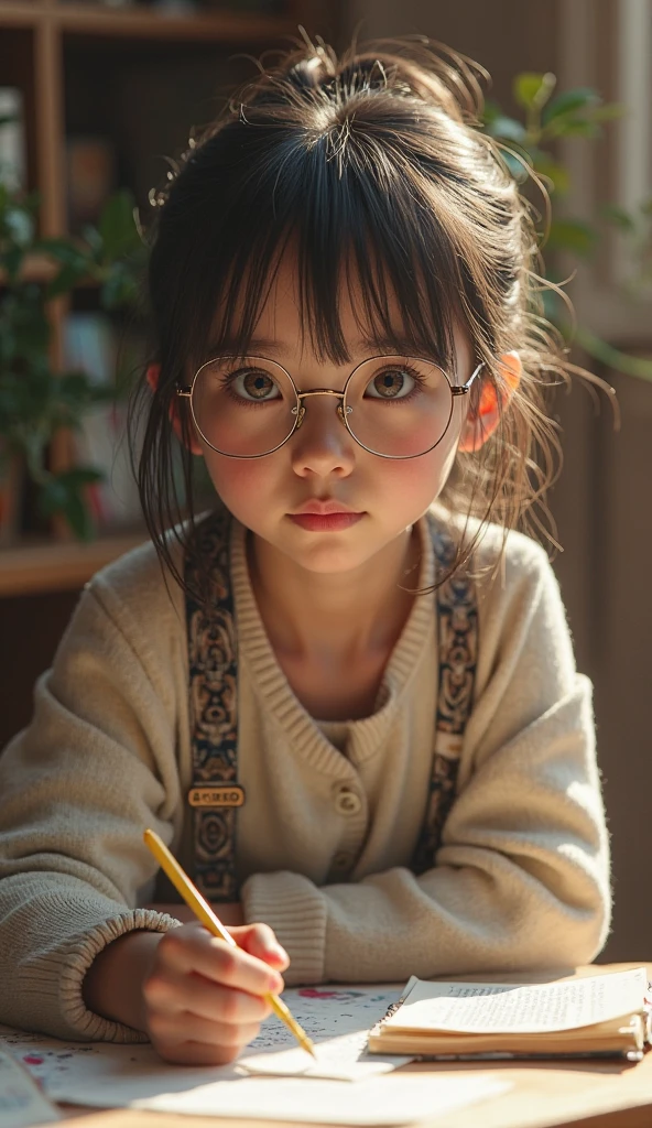front-view, true photo, 9-years-old Japanese girl, (lying down on bed:1.4), small breast, cleavage, (show white panties and brassiere:2), (nipples disclosed), (open legs), (view including whole head and face and body and legs:1.4), weeping, crying, sad, dropping tears, wearing thin and round frame glasses on face, brassiere seen through, standing in bright office, full body view, best quality, masterpiece, ultra high res, (photorealistic:1.4), brown eyes, double edged eyelids, slightly symmetric eyes, black long hair, (extremely detailed natural human skin), detailed natural human hair, detailed natural hum lips, looking at viewer, (detailed clothes:1.2), (extremely detailed eyes and face), 8k, RAW photo