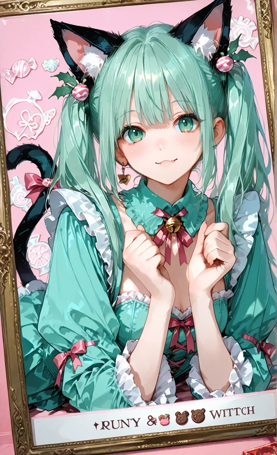 Premium Photo, top quality, sharp detail, 1 girl, mint green twin tails, ruby eyes, candy witch outfit, sweets accessories, pastel background, playful pose, 3/4 angle, detailed frills, soft lighting