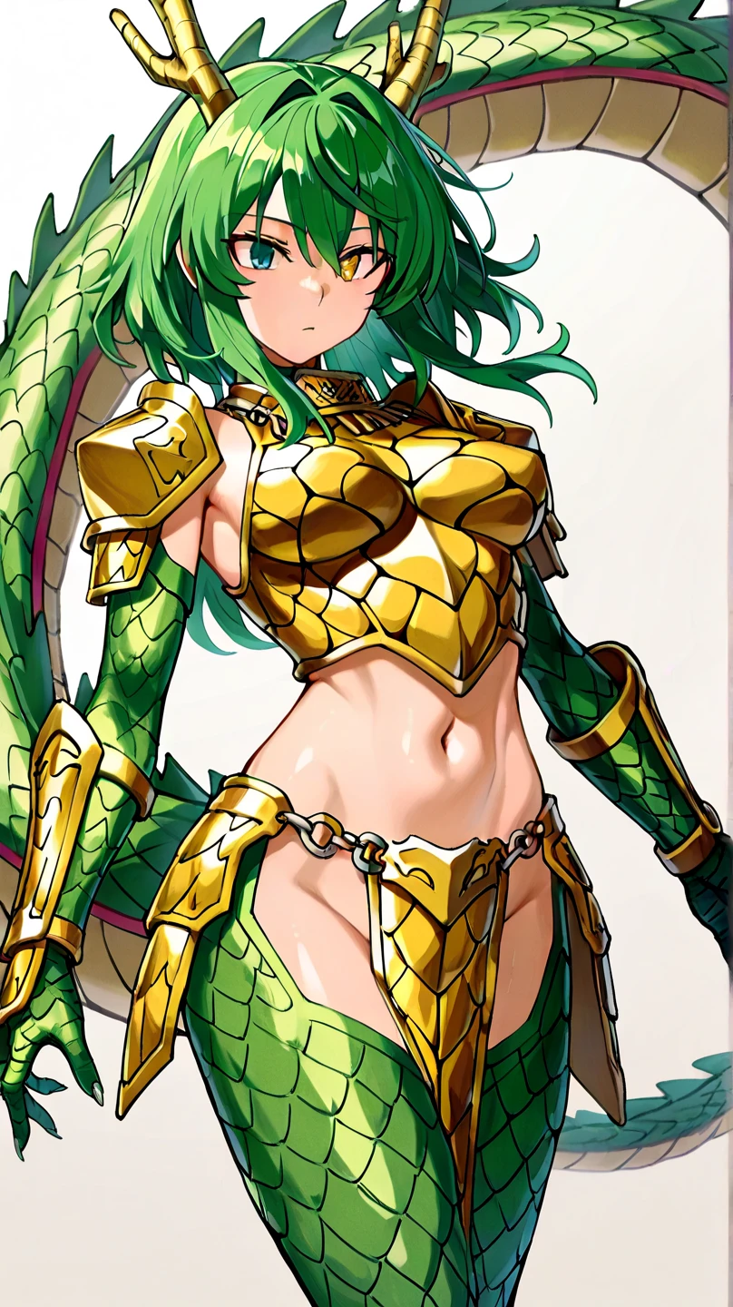 masterpiece, best quality, 1girl, detailed face, full body, lizardman girl, green hair, long hair, yellow eyes, big tits, (Armor: 1) , holding sword, green tail, green horns, (big hair in the wind)