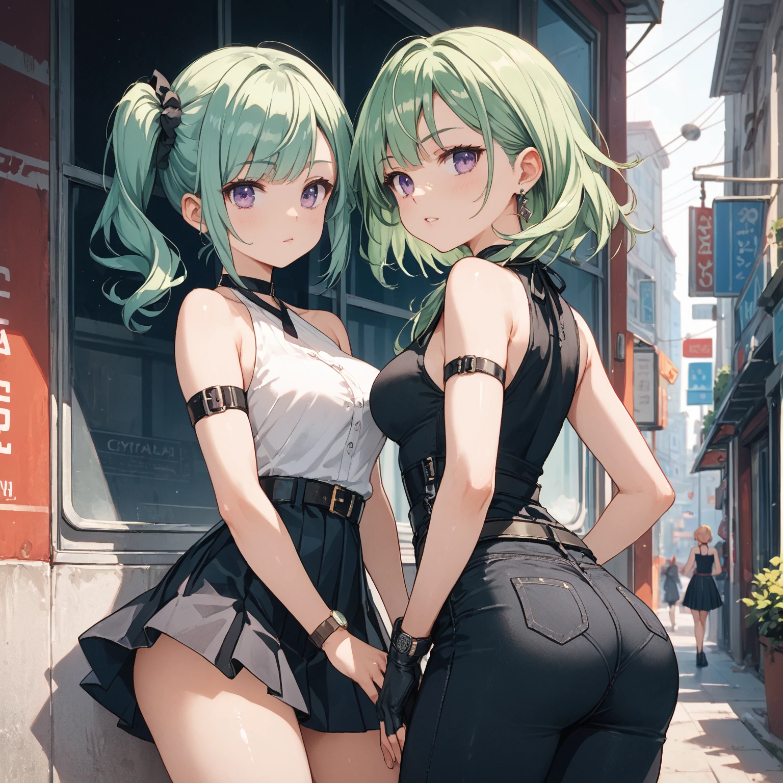 (masterpiece, best quality:1.2), ( background: 1.5), (simplistic background), cowboy shot, ((solo)), 1girl, kawashiro nitori, smile, looking at viewer, two side up, blue hair, (short hair), (short twintails), hair bobbles, hair ornament, (green headwear), ((green hat)), (black tank top), (denim shorts), tight shorts, looking at viewer, smirk, from behind, butt, wide hips, butt, large butt, huge ass, large behind, large rear, suggestive, covered nipples, large breasts, sideboob