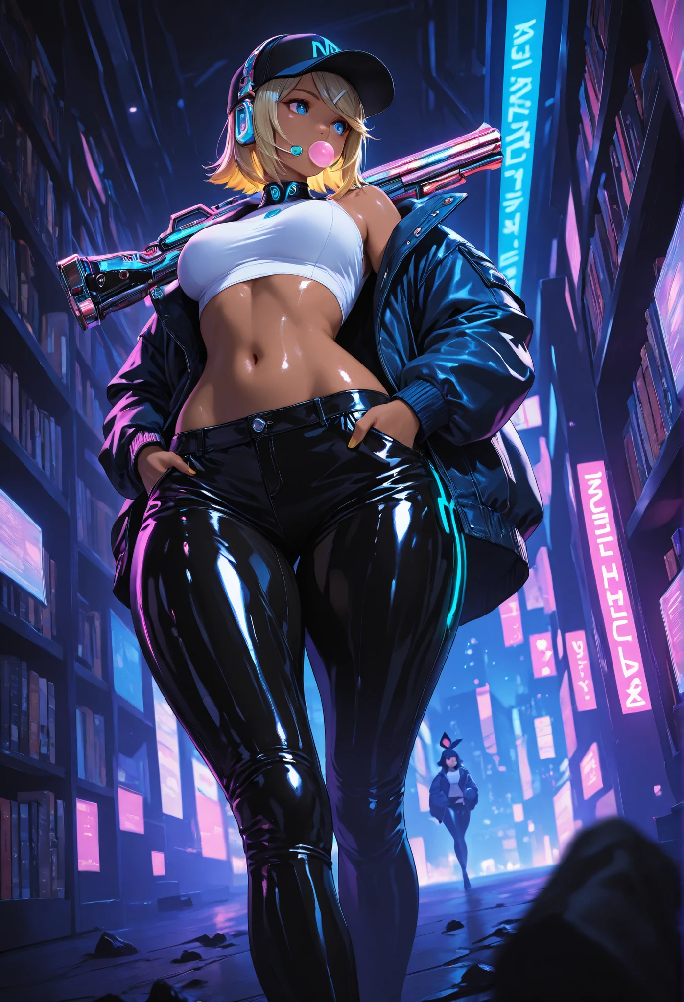 Rin Kagamine, blonde hair, blue eyes, hair bow, Headset, short hair, headphones,,masterpiece, best quality, vibrant, very aesthetic, high contrast, semrealista, newest,
landscape, Neon border light , dark, 1girl, , wide , huge , thick thighs, (low leg:1.3) leggings, White shirt with crop top cut, (Neon braces:1.2), dark blue open jacket, dropped shoulder , platinum blonde, cut bob , sideburns over the shoulder,cowboy gun,from below, Dutch angle, shiny dark eyes,looking away, hands in the pockets of the jacket, oversized baseball cap, gum, facial focus, library full of books with an emphasis on fine fabrics, dynamic pose when walking, Twisted pose, head tilt, navel, wide throw , Shiny leather, cyberpunk, REST, eyes, detailed eyes, masterpiece, best quality, incredible quality, very aesthetic, high resolution, ultra-detailed, Absurds, newest, landscape, profundidad de campo, volumetric lighting