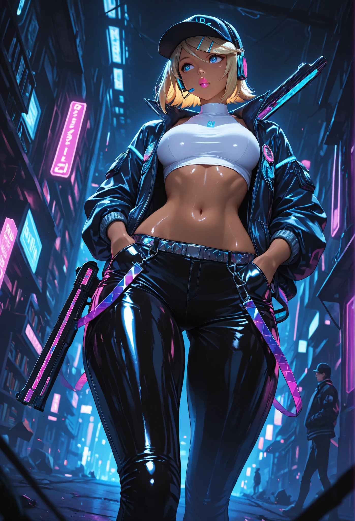 Rin Kagamine, blonde hair, blue eyes, hair bow, Headset, short hair, headphones,,masterpiece, best quality, vibrant, very aesthetic, high contrast, semrealista, newest,
landscape, Neon border light , dark, 1girl, , wide , huge , thick thighs,  (low leg:1.3) leggings, White shirt with crop top cut, (Neon braces:1.2), dark blue open jacket, dropped shoulder , platinum blonde, cut bob , sideburns over the shoulder,cowboy gun,from below, Dutch angle, shiny dark eyes,looking away, hands in the pockets of the jacket, oversized baseball cap, gum, facial focus, library full of books with an emphasis on fine fabrics, dynamic pose when walking, Twisted pose, head tilt, navel, wide throw , Shiny leather, cyberpunk, REST, eyes, detailed eyes, masterpiece, best quality, incredible quality, very aesthetic, high resolution, ultra-detailed, Absurds, newest, landscape, profundidad de campo, volumetric lighting