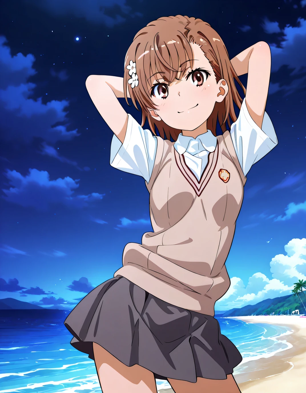 misaka mikoto, anime screencap, short hair, brown hair, hair ornament, hairpin, flower hairpin, hair flower, brown eyes, tokiwadai school uniform, white shirt, brown sweater vest, short sleeves, v-neck, skirt, high quality, solo, cowboy shot, (contrapposto), arms behind head, closed mouth, night sky, beach, looking at viewer, smile, best quality