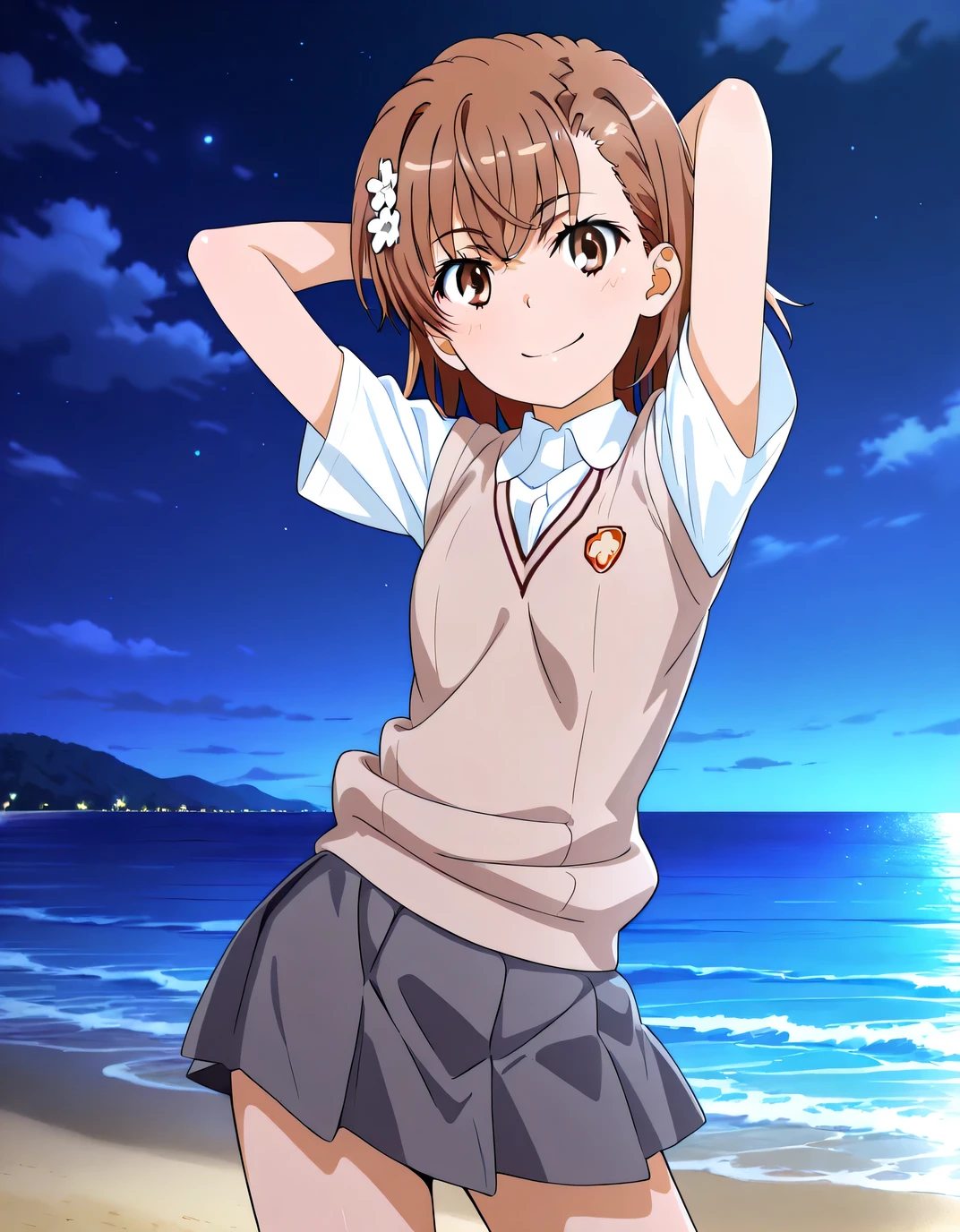 misaka mikoto, anime screencap, short hair, brown hair, hair ornament, hairpin, flower hairpin, hair flower, brown eyes, tokiwadai school uniform, white shirt, brown sweater vest, short sleeves, v-neck, skirt, high quality, solo, cowboy shot, (contrapposto), arms behind head, closed mouth, night sky, beach, looking at viewer, smile, best quality