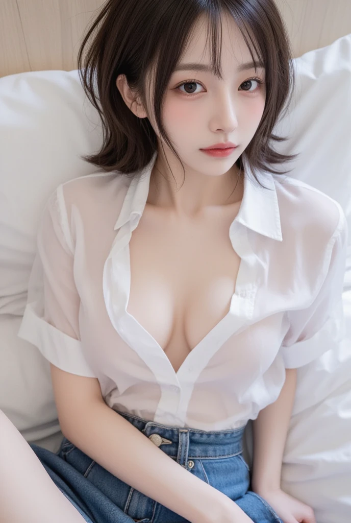 (((white shirt over naked ))), (((It's unbuttoned and the front is fully open))), ((show off nipple )), ((see through shirt)), (Masterpiece), High quality,not NSFW, real, 15-year-old beautiful girl just like the photo, (((sleeping on the bed))), (looking at the girl from directly above the bed), ((( bottomless)))、((( white lace panties))), Looking at camera, black hair, bangs, fair skin, thin eyebrows, bob hair, big breasts, out-of-this-world presence, shy smile